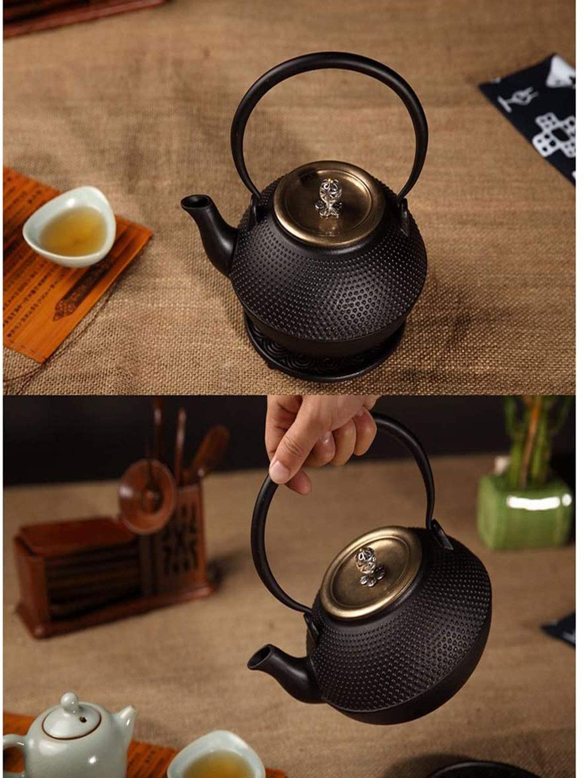 1250ml Teware Japanese Tetsubin Herbata Czajnik Cast Iron Hobnail Czajnik Z Mosiężnym Pokryciem Srebrny Przycisk, Dla Luźnej Herbaty Liściowej, Czarny