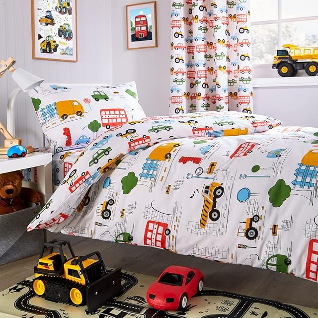 Olivia Rocco Beep Beep Duvet Cover Set Duvet Cover Quilt Fitted Sheet Transport Kids Car Truck Helicopter Reversible Soft Easy Care Quilt Bedding Set With Pillowcase (Cot Bed Duvet Set)