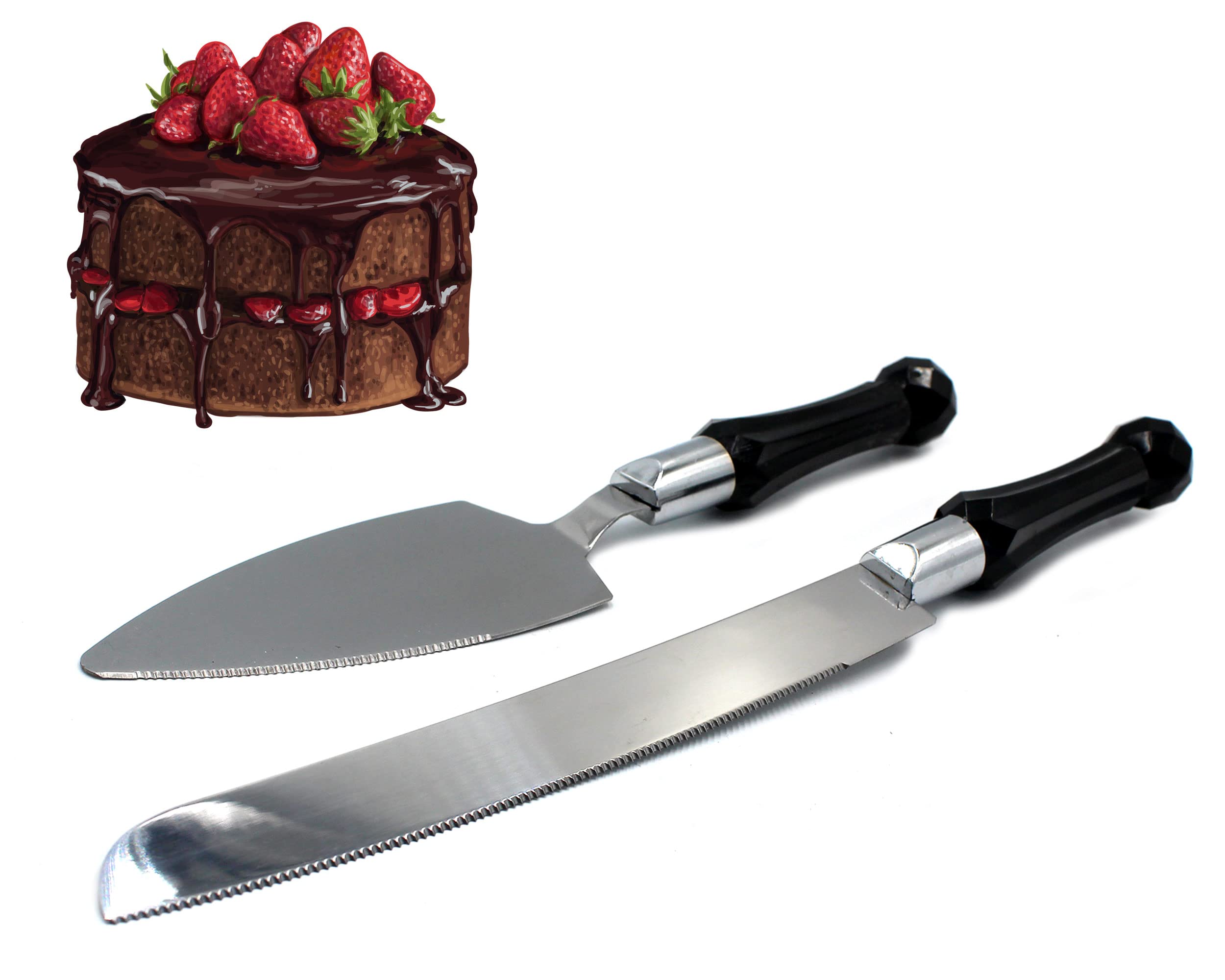 Black Handle Pastry Cake Knife & Spatula Service Set - Stainless Steel Cake and Pastry Cutter Server Knife Cutting set Birthday Wedding Engagement Anniversary Xmas Unique Gift