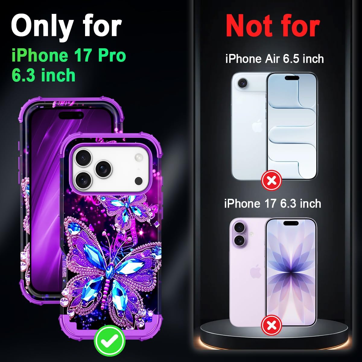 Miqala for iPhone 17 Pro Case,Glow in The Dark Three Layer Heavy Duty Shockproof Protection Hard Plastic Bumper+Soft Silicone Case for iPhone 17 Pro,Dark Butterfly - Image 2