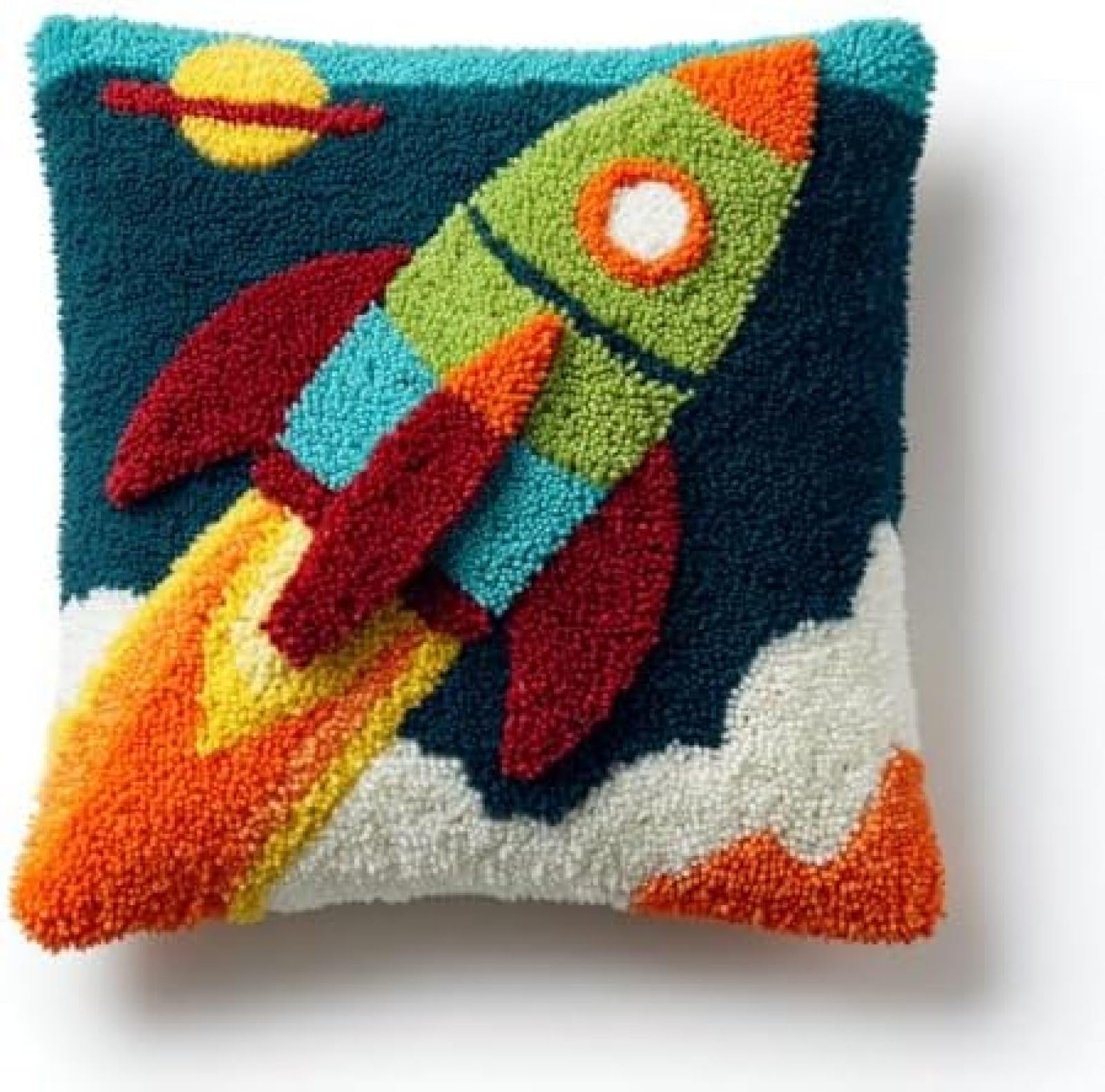 kitphoenix DIY Cushion Cover Craft Kit for Adults,Rocket to Sky,Latch Hook Embroidery Kit with Printed Canvas,Yarn and Hook,43x43 cm Home Décor
