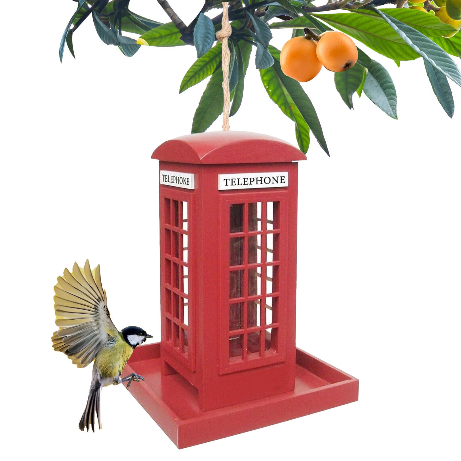 Mangeoire à Oiseaux en Bois Cabine Téléphonique Rouge Extérieur Jardin Terrasse