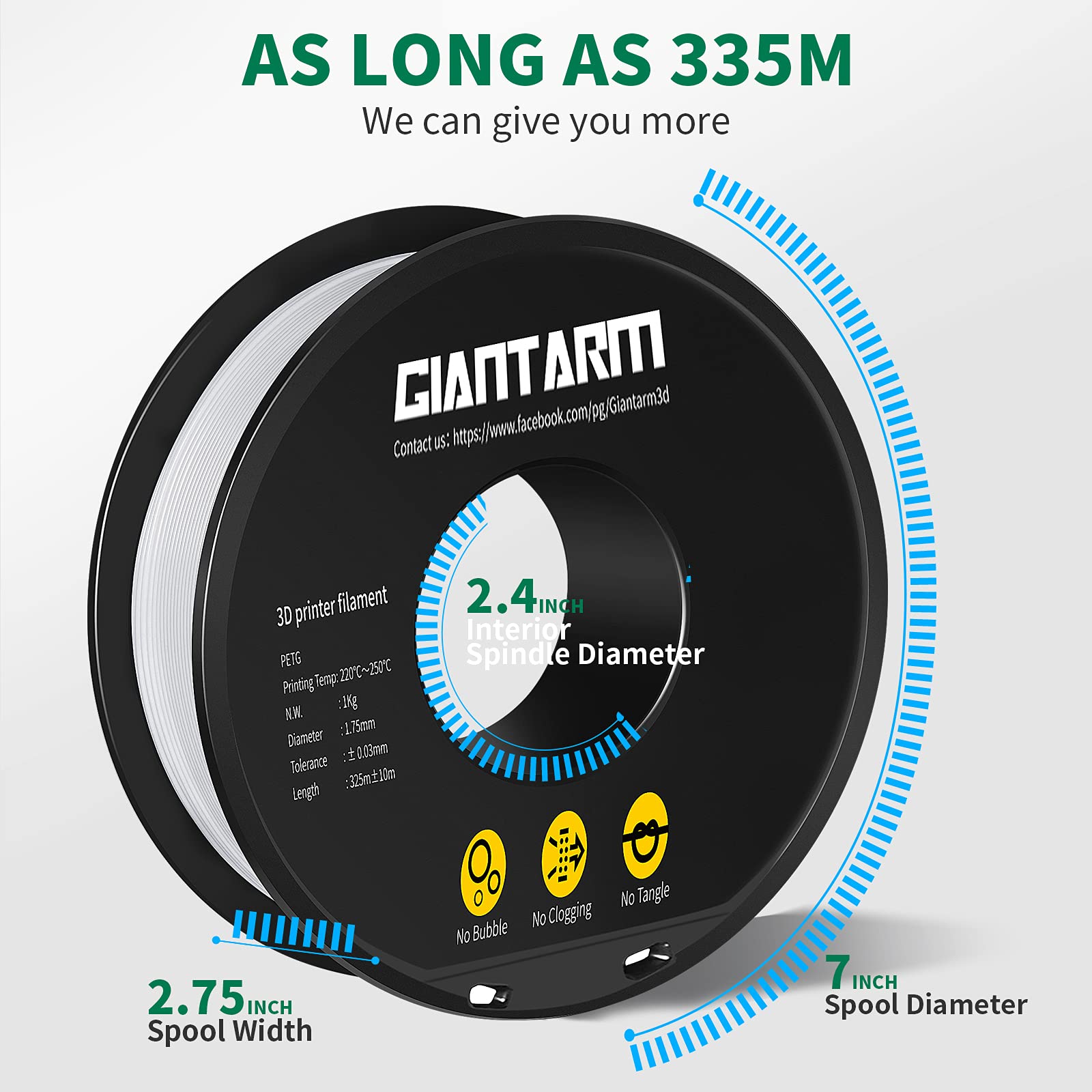 PETG Filament per Stampante 3D, GIANTARM PETG Filament 1,75mm, Dimensional Accuracy +/- 0,2mm 1kg, Bianco