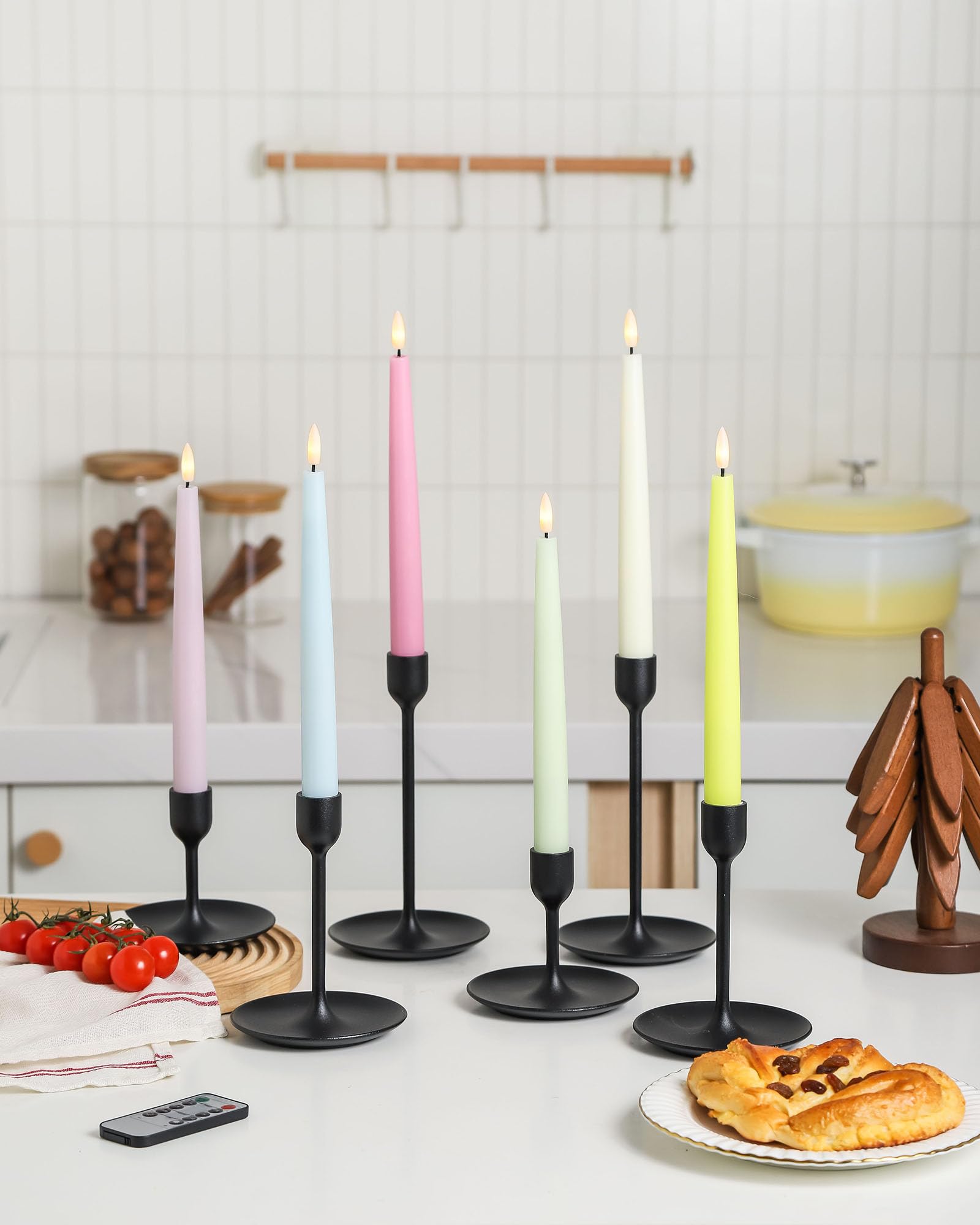 Stmarry Candele coniche senza fiamma multicolore pastello con telecomando e timer, candele a LED in vera cera da 24 cm, antigoccia, funzionamento a batteria, candele alte con fiamma tremolante 3D