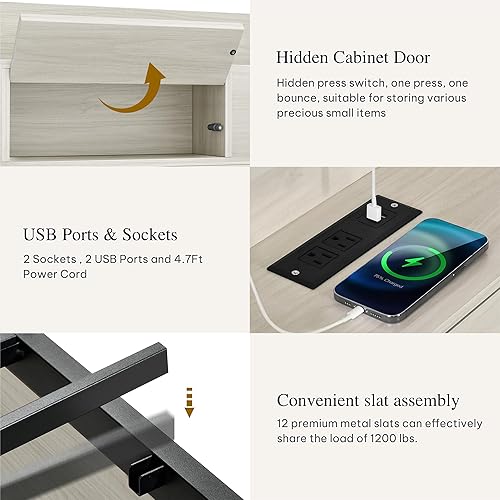 Miniatura 6 de YITAHOME Base de cama tamaño Queen con cabecera de estantería y 4 cajones de almacenamiento, marco de cama LED RGB con estación de carga tipo C y