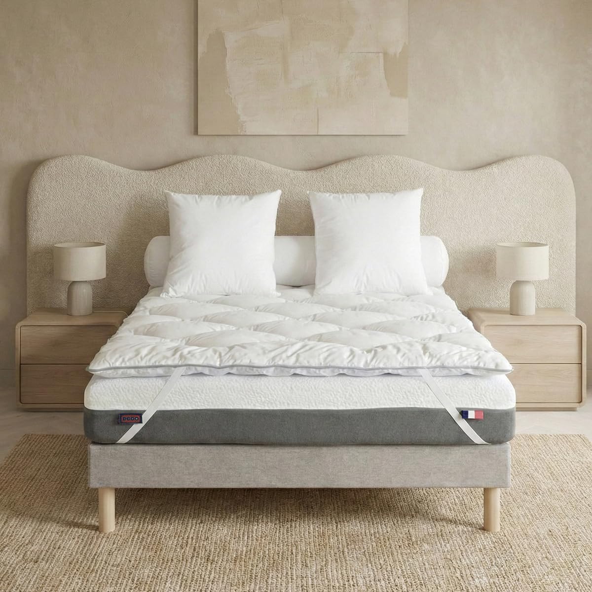 DODO - Surmatelas Allergo Blanc 90x190 cm - 100% Polyester recyclé 700g/m² - Anti-allergènes Triple Protection - Enveloppe 100% Coton Lavable 40°C - Finition Biais Gris