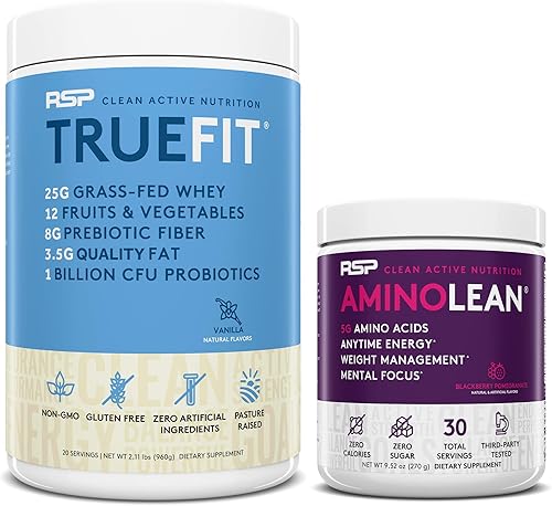 RSP NUTRITION AminoLean Energía preentrenamiento (granada BlackBerry 30 porciones) con proteína en polvo TrueFit (vainilla 2 libras)