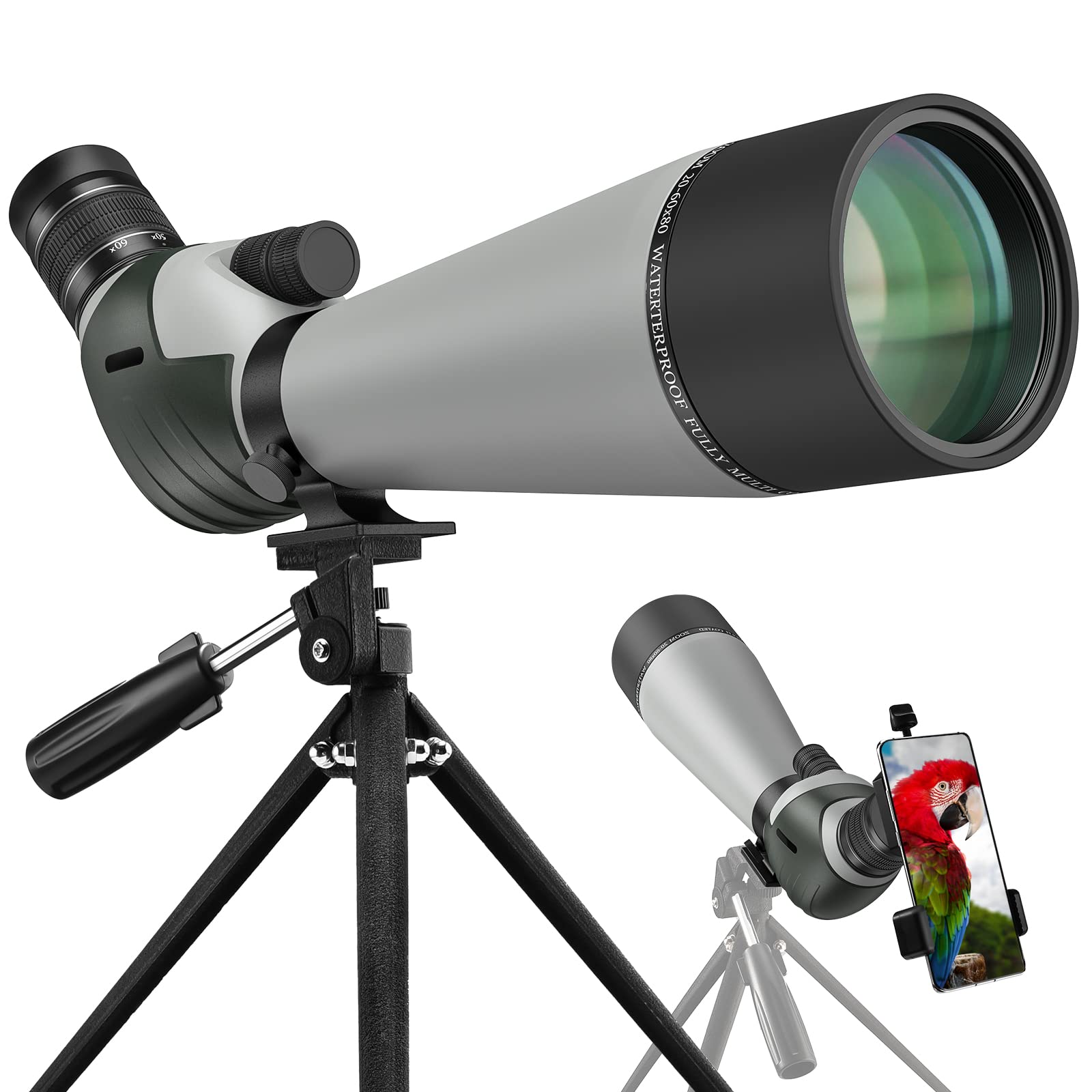 MidTen 20-60X80 HD Spotting Scope with Phone Adapter&Tripod - BaK4 Spotter Scope Dual Focusing with 24mm Large Eyepiece - Waterproof Spotting Scope for Target Shooting Hunting Bird Watching