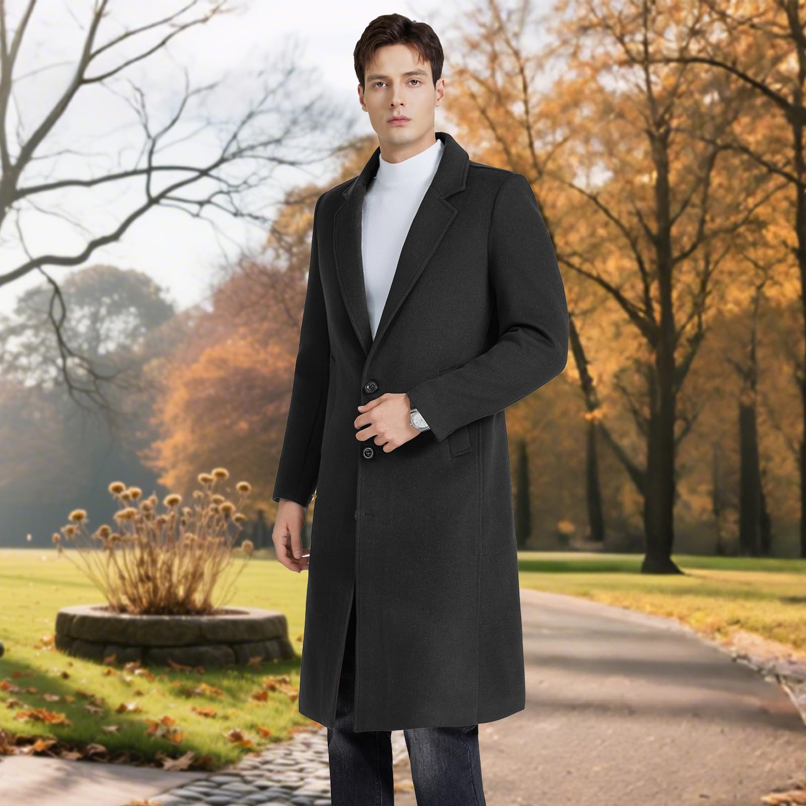 MODFUL Herren Langer Wollmantel mit Kerbkragen Warmer Wintermantel Lässiger Peacoat Slim Fit