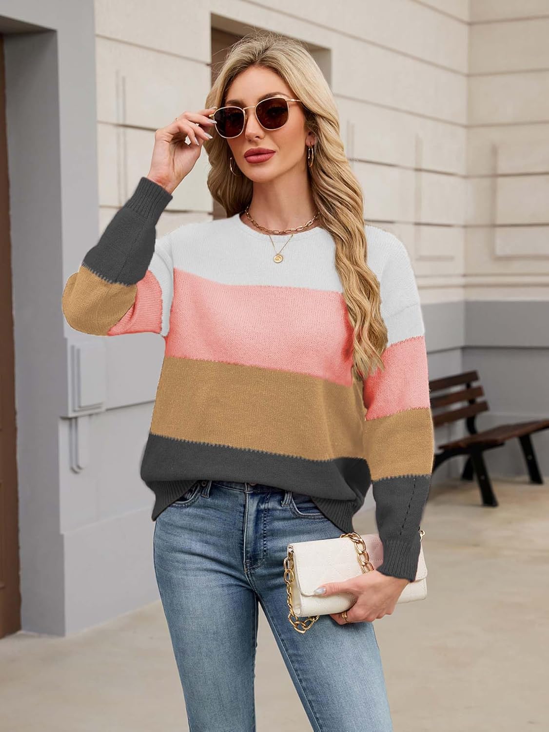 Womens Oversized Cute Color Block Sweater Fall 2025 Trendy Lightweight Knit Crew Neck Long Sleeve Pullover Sweaters - Image 4