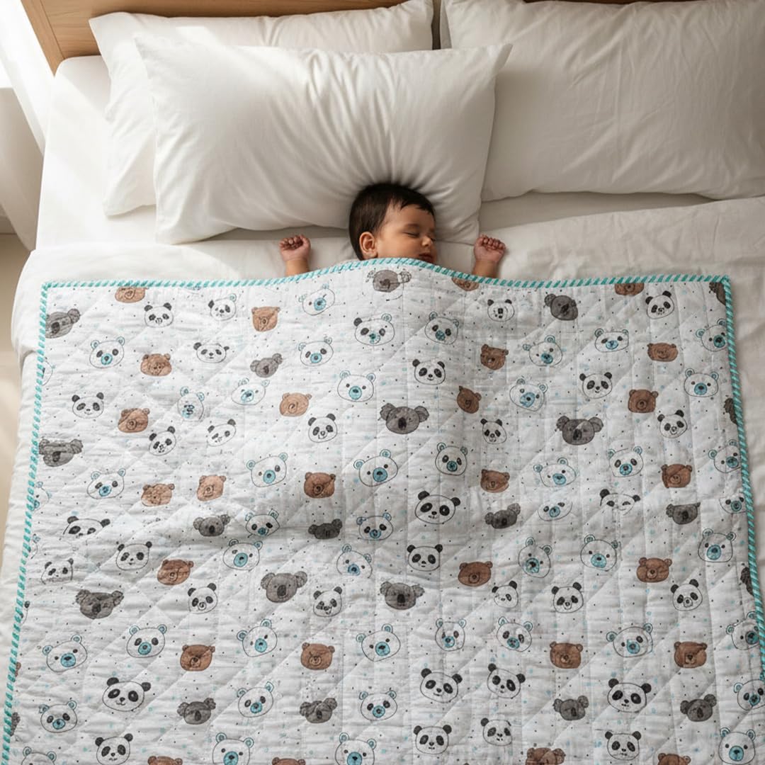 HOMEMONDE 100% Cotton Reversible Kids Blanket (0-5 Yrs) | Soft, Cozy & Warm | Triple Layer | Safe & Chemical-Free | All-Season Use | 55" x 39" (140 cm x 99 cm) - Panda & Friends-image-48