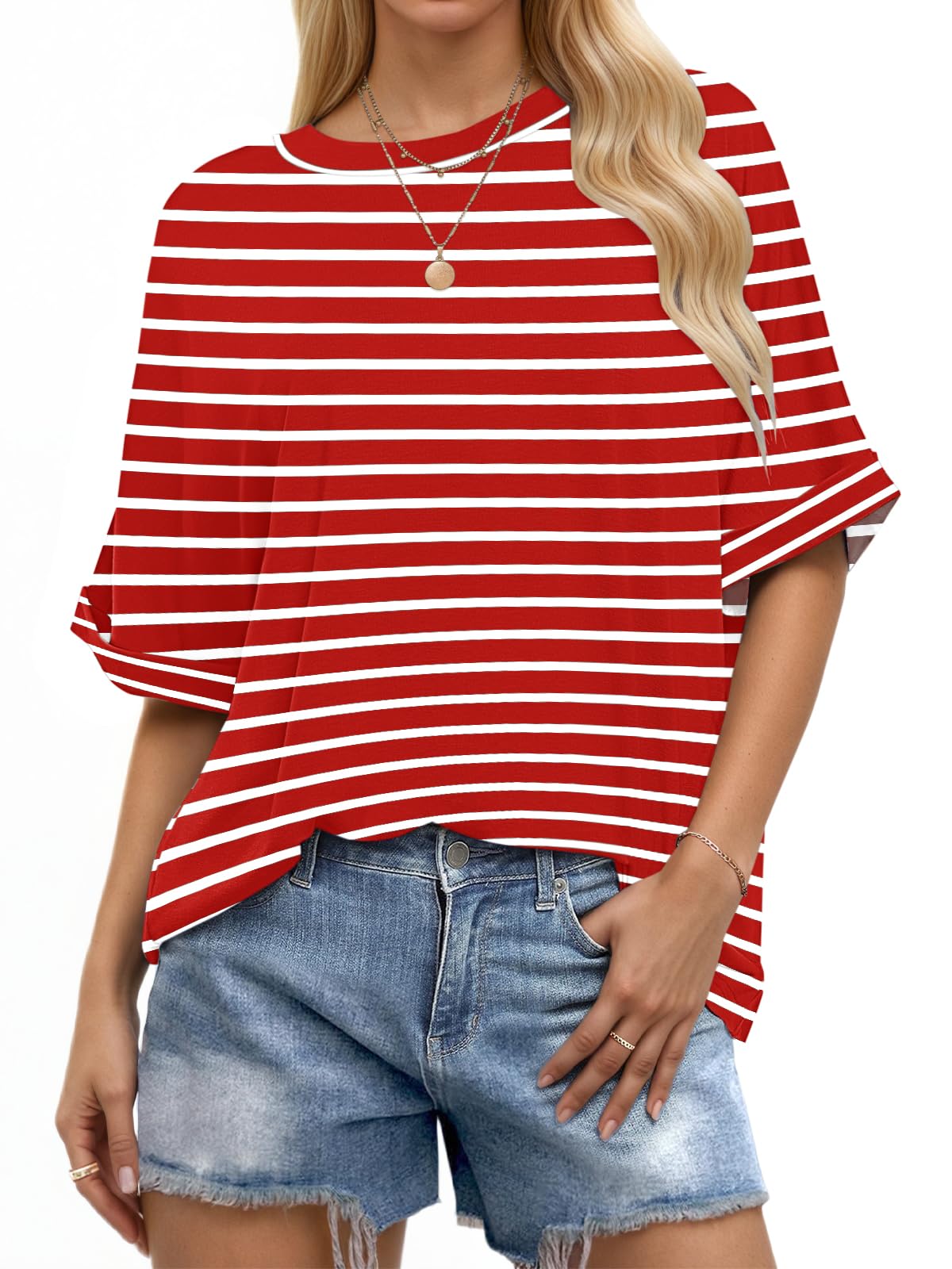 WNEEDU Oversize Shirt Damen Kurzarm Rundhals Oberteile Damen Sommer Basic T-Shirt Locker Lässige Top Oversize Bluse mit Gekrempelten Ärmeln