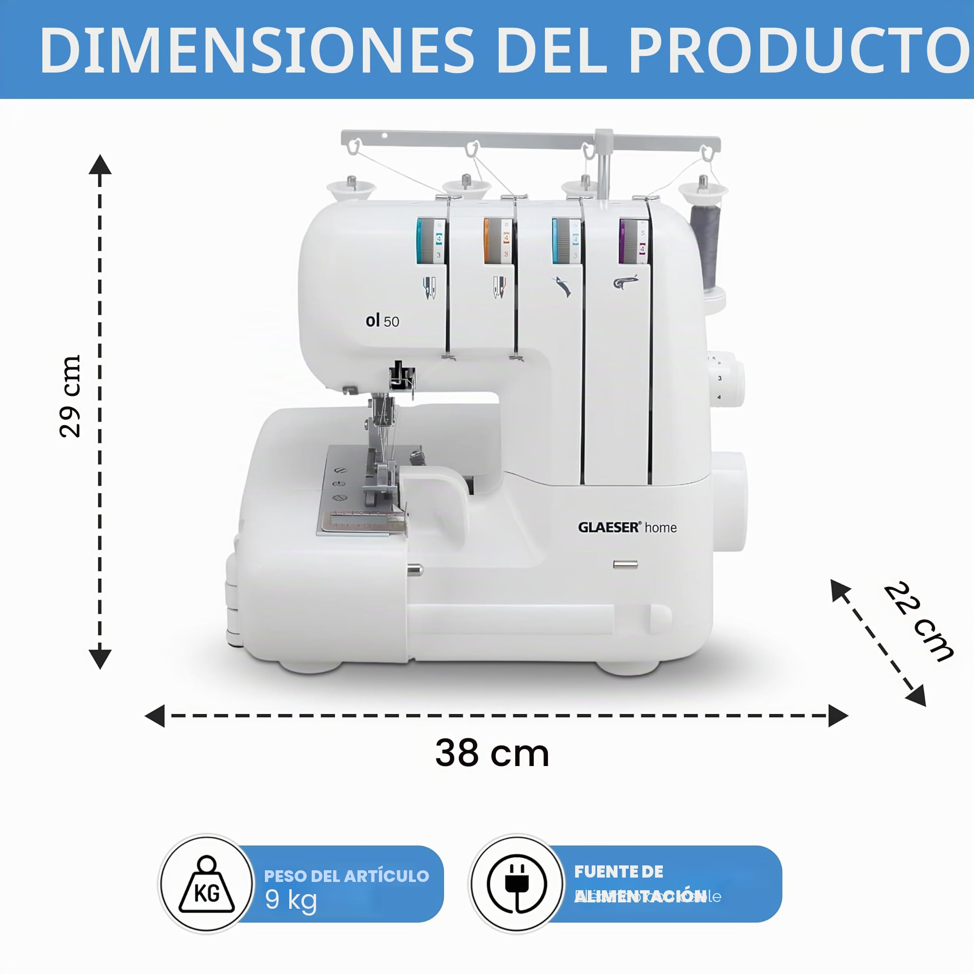 GLAESER Home ol 50 Máquina de coser Overlock, para coser y cortar en un solo paso. Máquina de overlock con longitud de puntada ajustable, fácil de usar