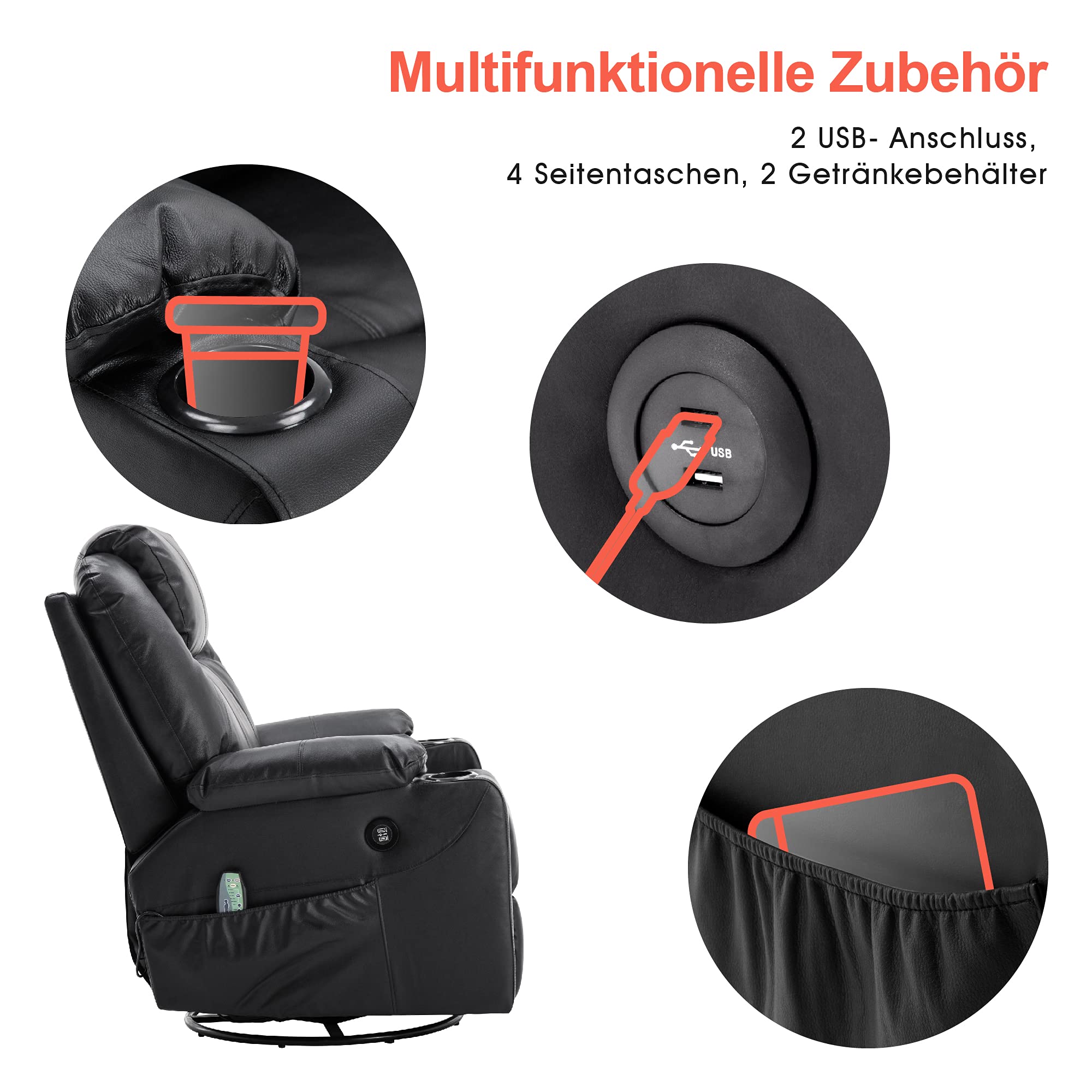 MCombo Fauteuil de Massage en Cuir - Fauteuil TV Relax Pivotant USB