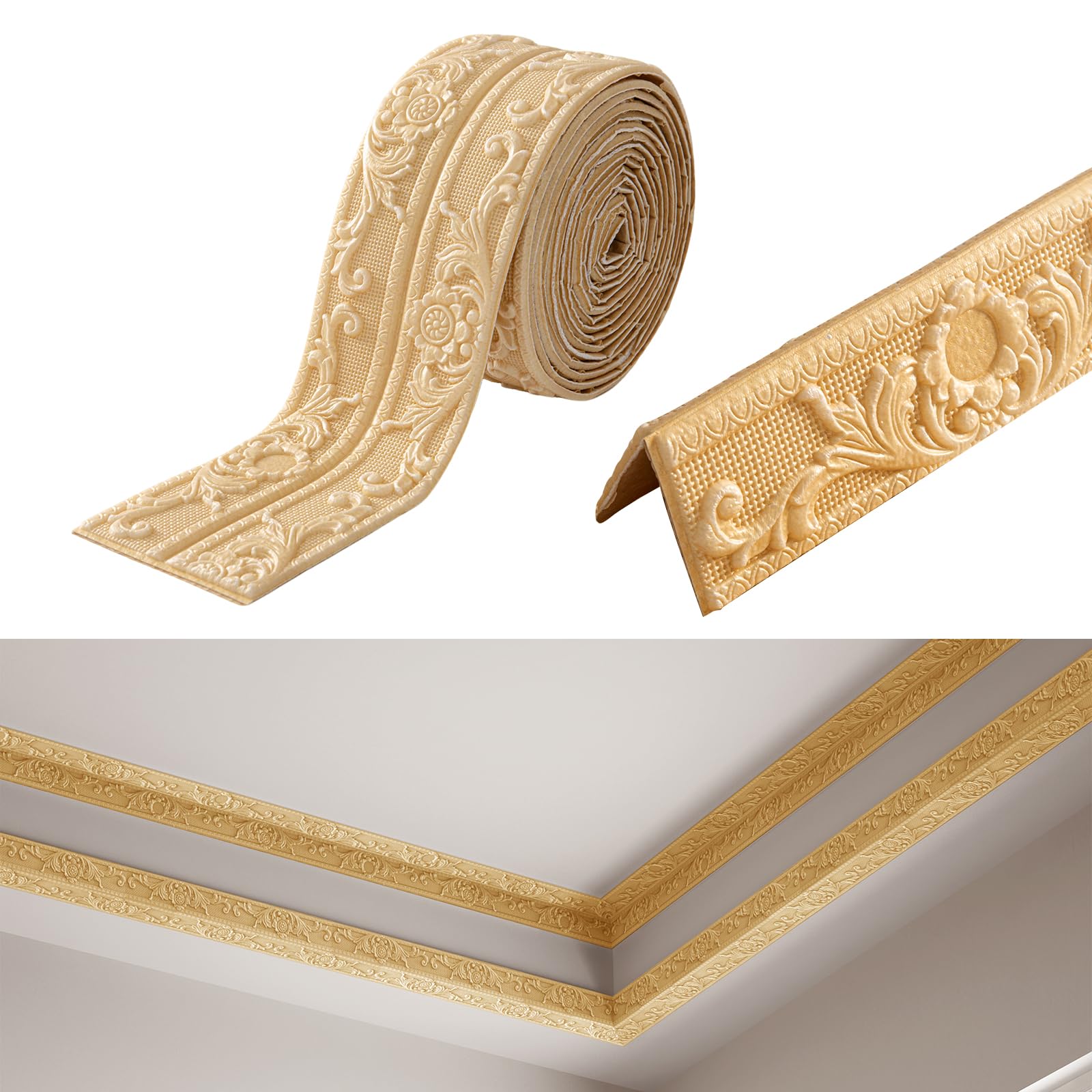 Cenefa autoadhesiva, 5 m x 10 cm x 8 mm, molduras de estuco 3D para pared, autoadhesivas, resistentes al agua, bordes autoadhesivos, ribetes para esquinas, líneas, techos, decoración (dorado)