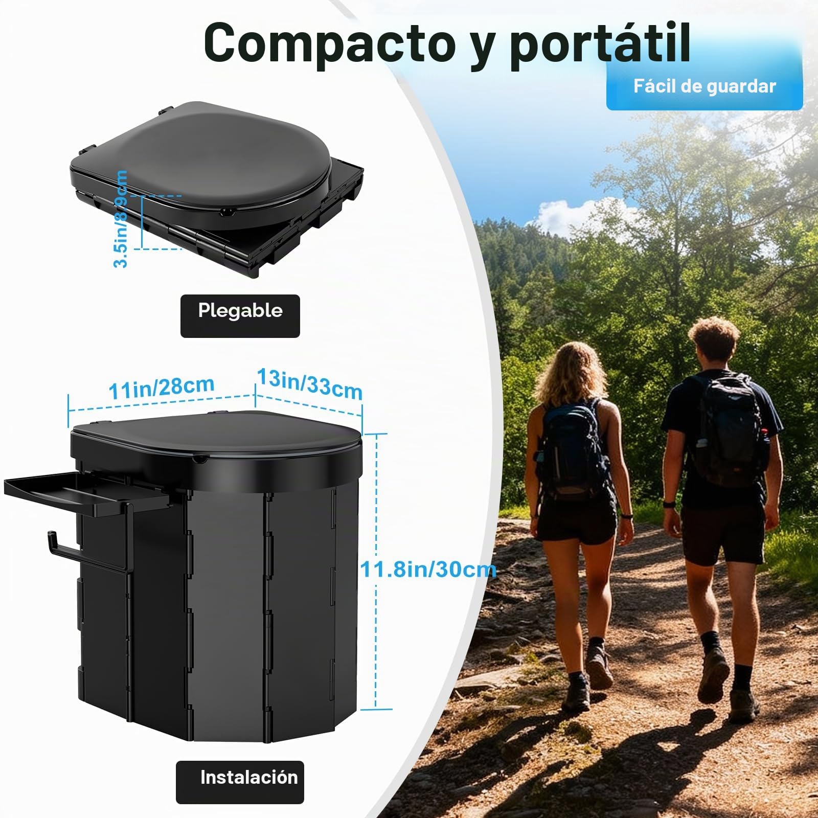 WADEO Inodoro portátil de camping y para coche con cómodo asiento de EVA, inodoro plegable para adultos, cubo higiénico con tapa integrada, portarrollos, soporte para el móvil y 20 bolsas