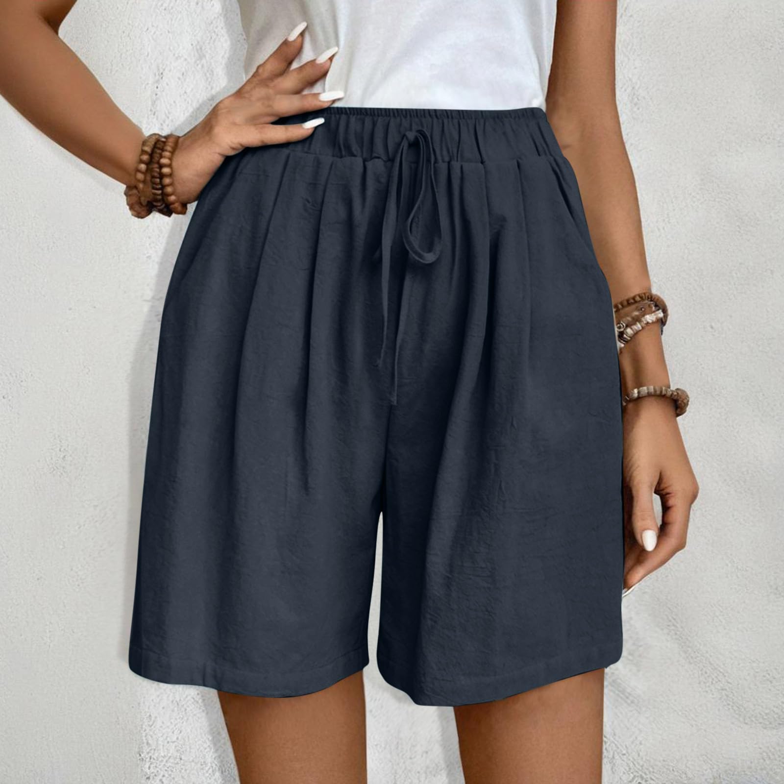 Womens Summer Cotton Linen Shorts Trendy High Waist Drawstring Workout Short Pants Casual Loose Comfy Beach Shorts(Navy,XX-Large)