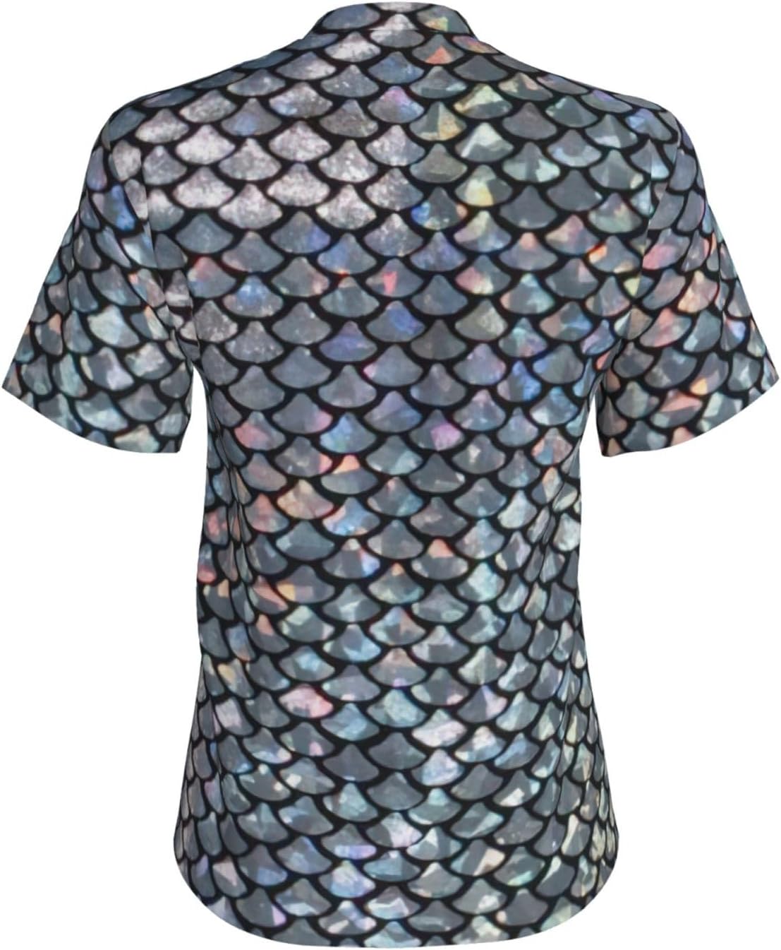 Women Casual Silver Fish Scale Print V-Neck T-Shirt Short Sleeve Summer Trendy Tops.