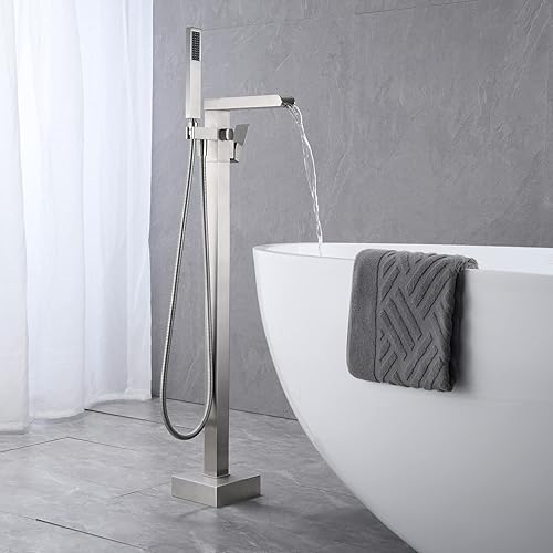 Miniatura 3 de Wowkk Grifo de bañera independiente, relleno de bañera de cascada, níquel cepillado, montaje en suelo, grifos de baño de latón de una sola manija