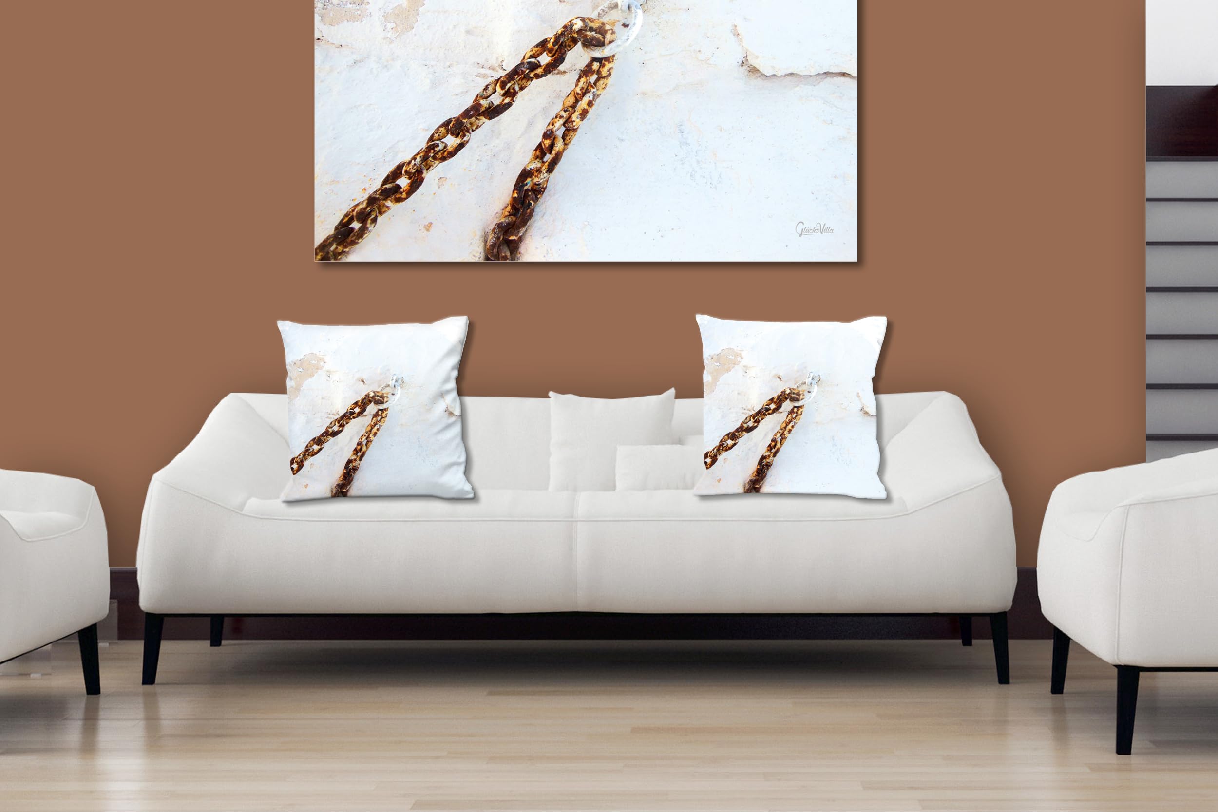 Kette an Wand - Foto-Kissen-Hülle Set (2 STK.) 40 x 40 cm | Kissen-Bezüge - passend zu Wandbild - Deko-Kissen - Griechenland Kykladen