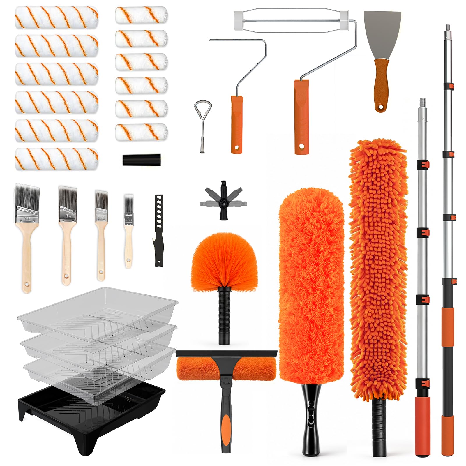 LAANPOLE 27-teiliges Farbroller Set & 6m Reinigungs-Set mit zwei Stangen – Malerset mit 1,3m Teleskopstiel, 23cm & 10cm Rollen, Pinsel + Staubwedel, Spinnwebenbesen, Fensterabzieher