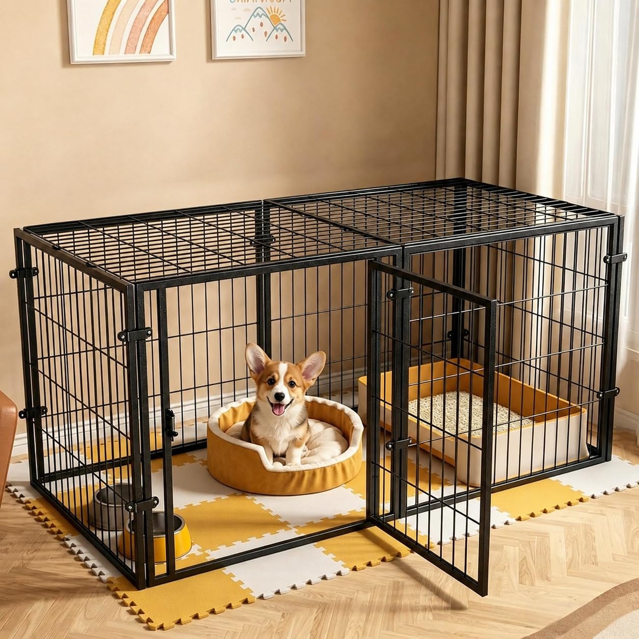 Dog Crate with Top, 6 Panel Puppy Pen 120 x 60 x 60 cm