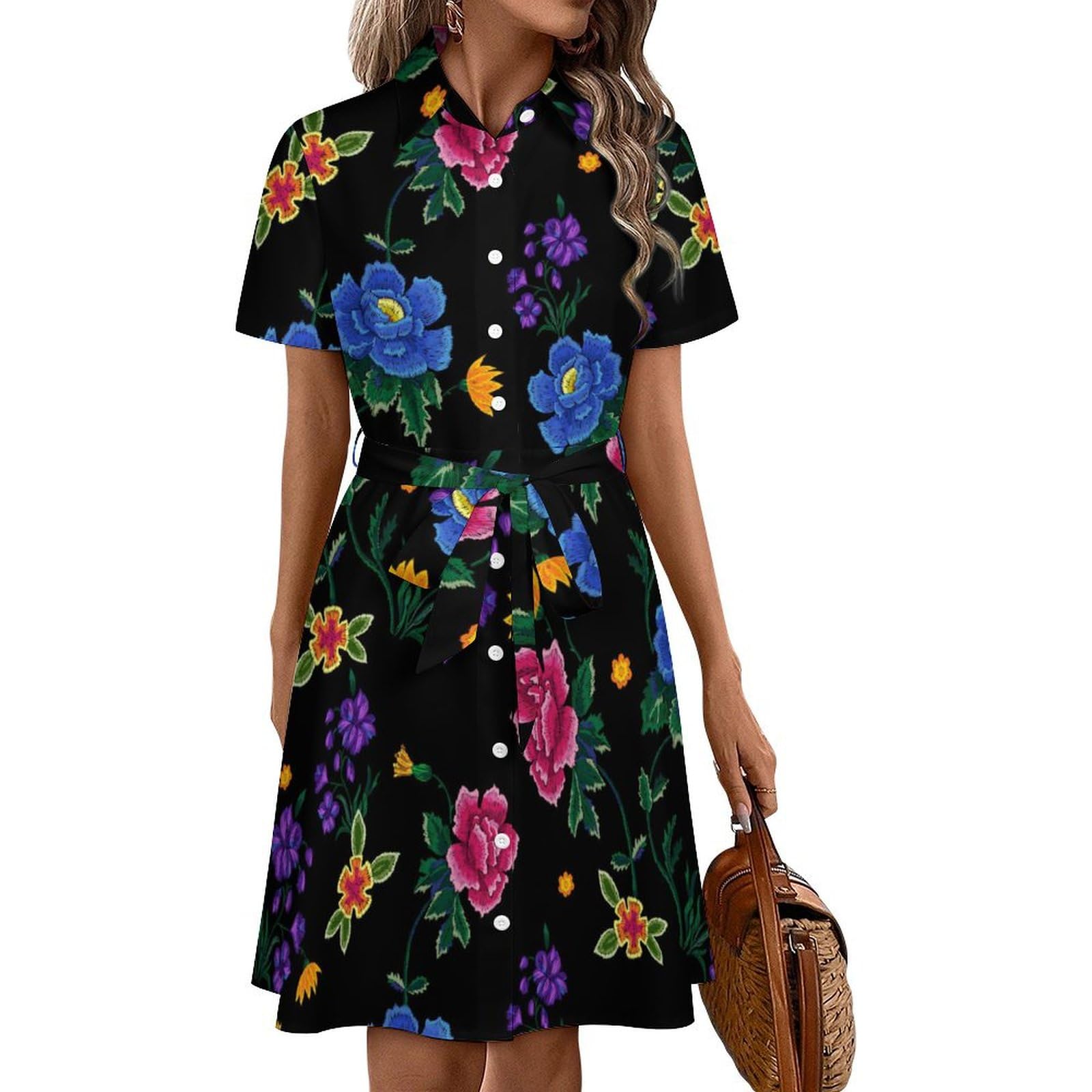 Floral Mexican Embroidery Birds Women's Button Down Shirt Dress Casual Loose Short Sleeve Dresses
