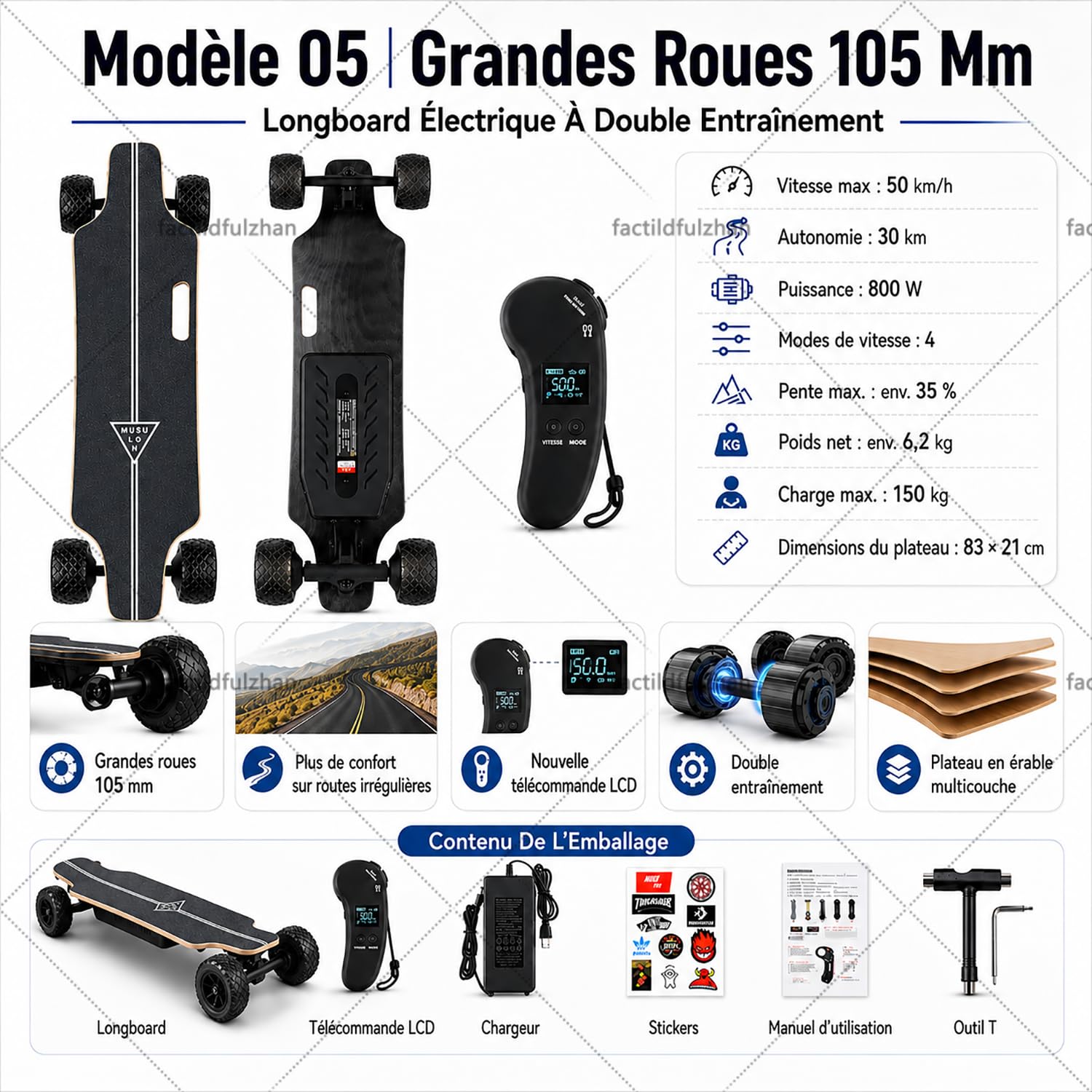 Longboard Électrique Adulte, Skateboard Électrique Grandes Roues 105 mm avec Double Entraînement, Télécommande LCD, 4 Modes, 4 Niveaux de Freinage, Plateau Érable 83 x 21 cm, Charge 150 kg
