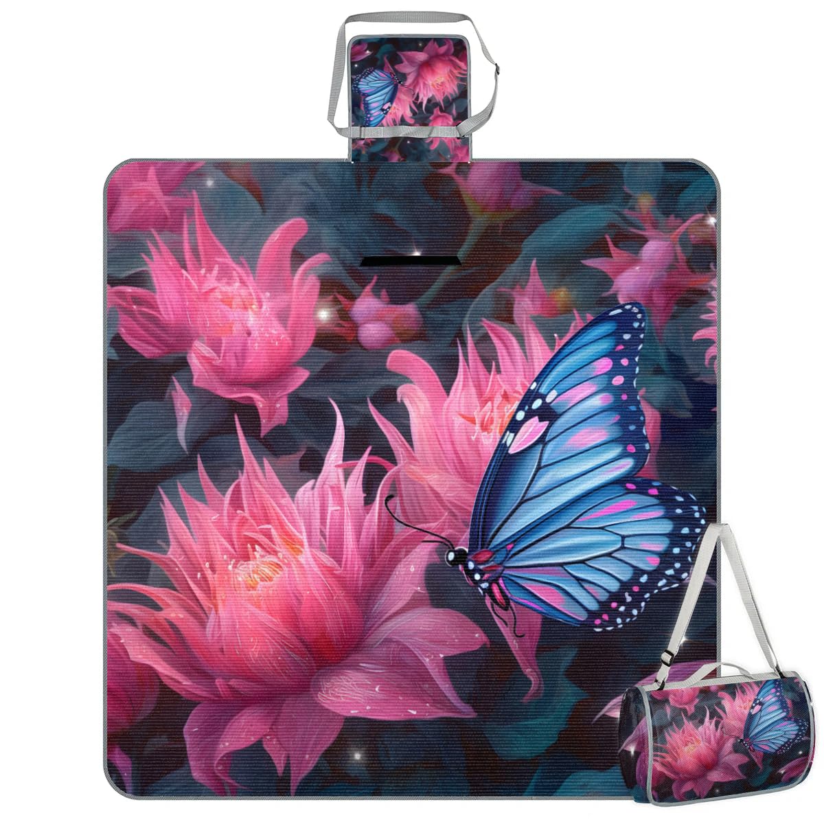 Mantas de picnic de 150 x 145 cm, 3D con flores mágicas y mariposas, plegable, para exteriores, playa, impermeable, para la familia, playa, camping, senderismo, picnic