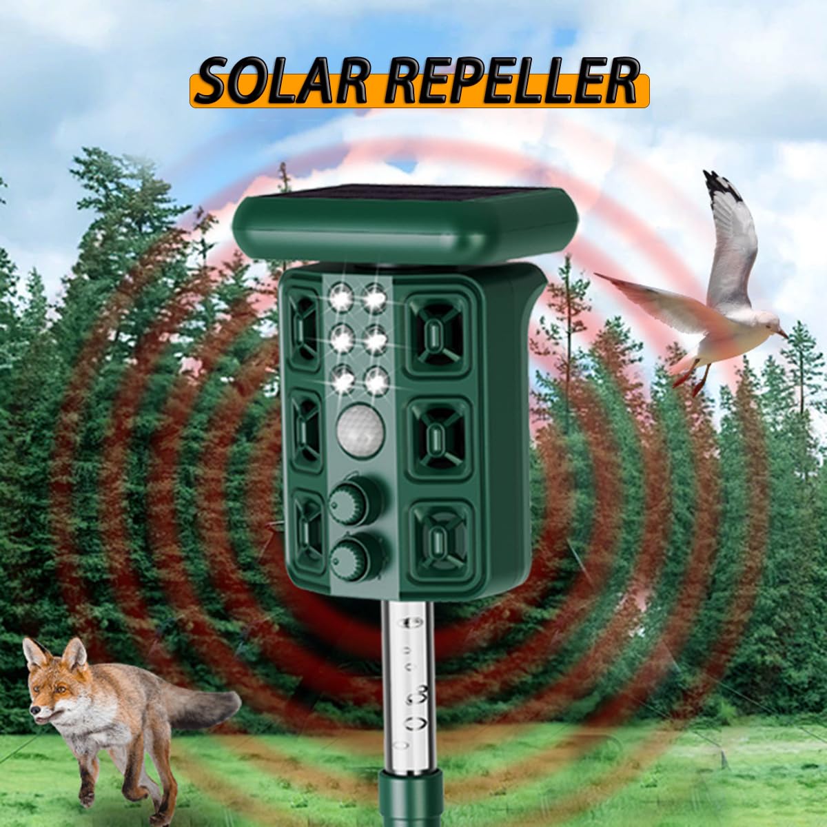 Répulsif pour animaux avec charge solaire, capteur de lumière rouge, lampe torche LED, 4 niveaux réglables, portée de 8 à 12 mètres pour éloigner les vergers, les cours, les villas, les fermes