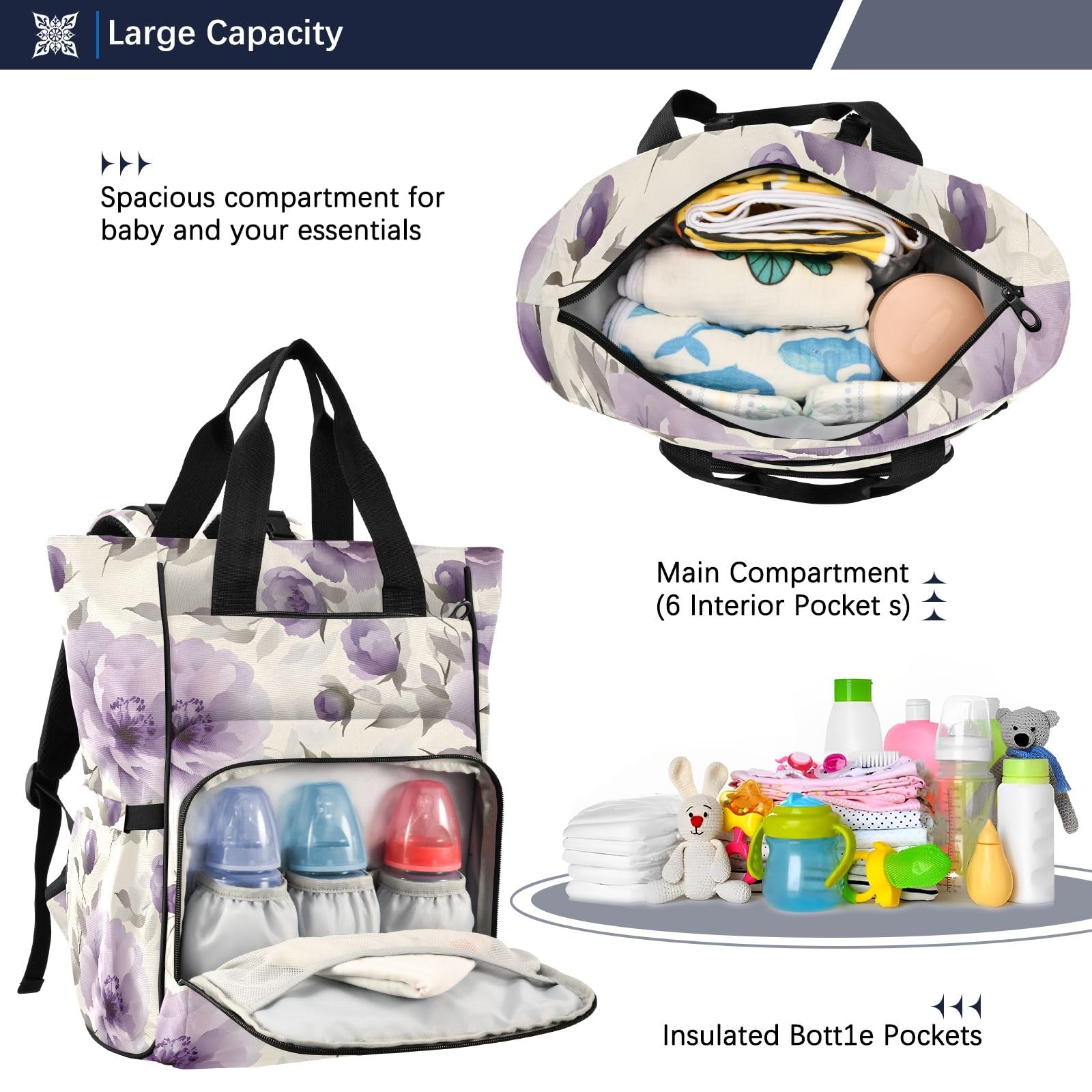 Mnsruu Borsa per pannolini per bambini con motivo floreale viola pallido borsa grande borsa impermeabile da viaggio borse per pannolini per mamme e papà