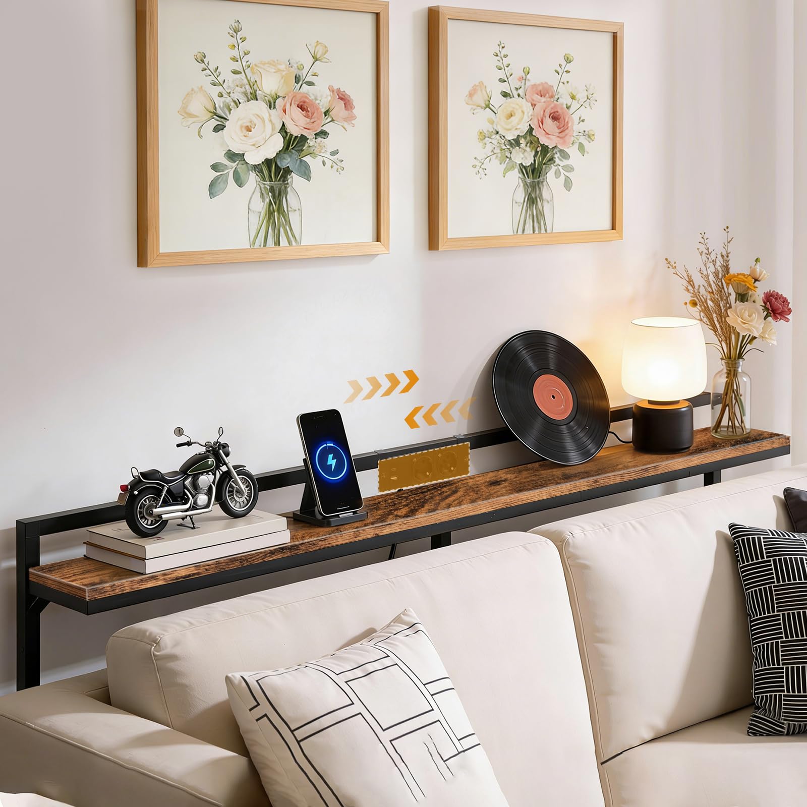 YATINEY 200 cm Konsolentisch mit Verstellbarer Höhe (70–90 cm), Langer schmaler Flurtisch mit verschiebbarer Steckdosenleiste (2AC, 1USB-A, 1USB-C), Langer Eingangstisch für Wohnzimmer, XCT22CBR