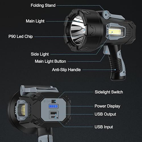 Miniatura 9 de Linterna recargable de 99000 lúmenes, focos para exteriores con luz de mazorca y soporte plegable, 10000Ah Spot Light Long Runtime, focos de mano