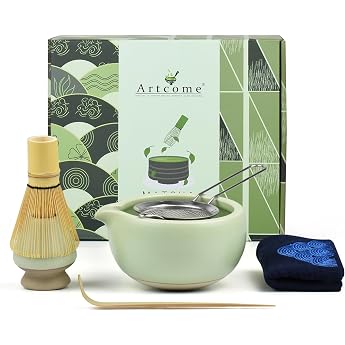 Artcome Tea Ceremony Complete Set Matcha Bowl Whisk Shovel Strainer Drying Set Koicha Latte Green