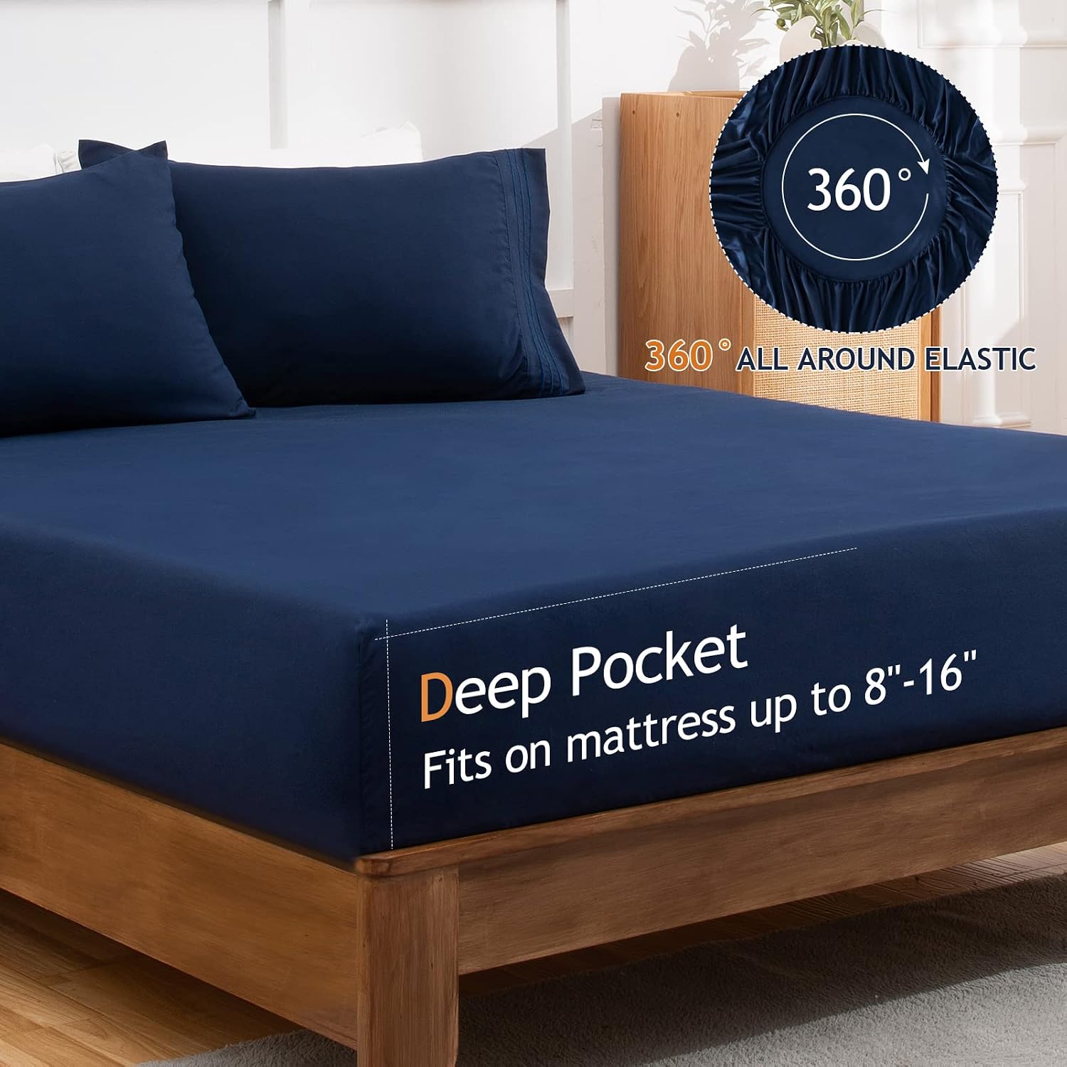 Queen Sheets Set, Ultra Soft Sheets for Queen Size Bed Deep Pockets, Bed Sheets Queen, Comfy Bedsheets Queen Sheet Set, Wrinkle Free 4Pcs -1 Fitted Sheet, 1 Flat Sheet, 2 Pillowcases(Queen, Navy Blue)
