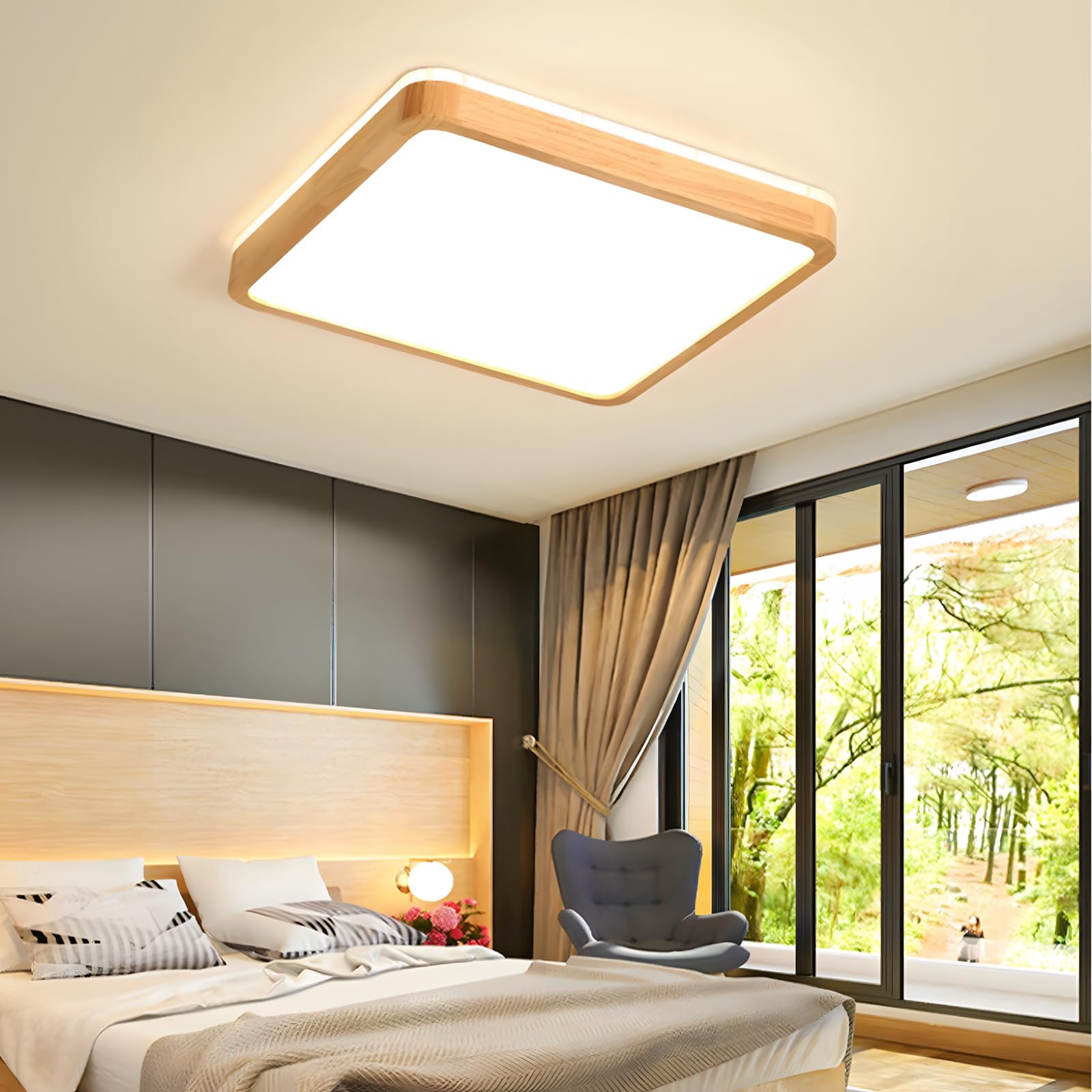 Plafoniera LED in Legno, Lampada Quadrata in Legno Naturale con Bagliore Superiore 360°| Dimmerabile con telecomando 2700K-6500K 36W| Soggiorno sala pranzo corridoio casa ufficio camera(Ø50cm)