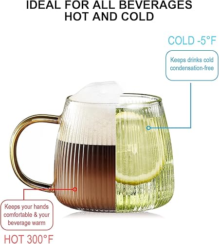 Miniatura 3 de Juego de 2 tazas de café de cristal únicas de alta calidad con elegante patrón de rayas verticales, mango amarillo claro (transparente)