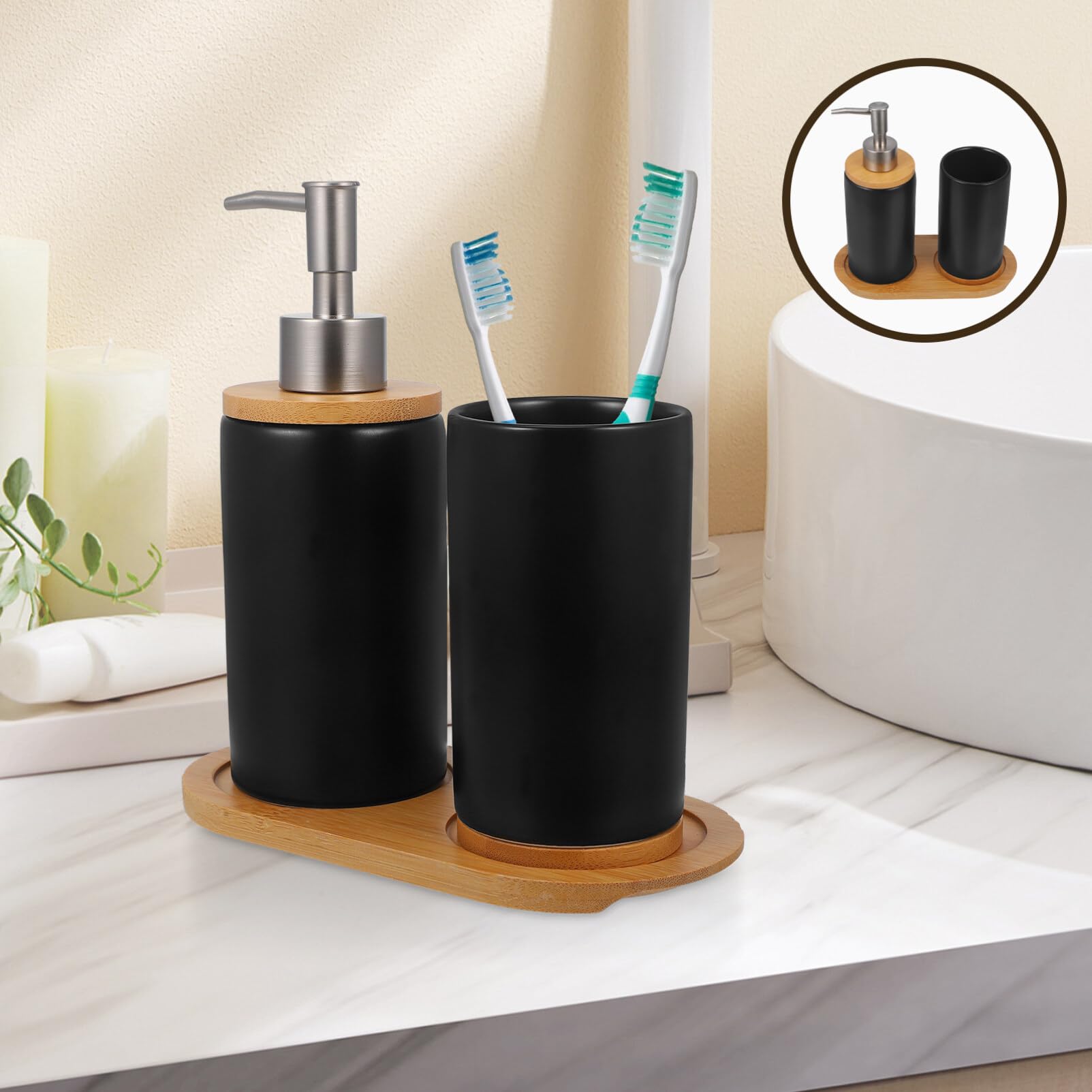 Set de Vaso de Tocador Cerámico Negro 1 Pieza Bandeja