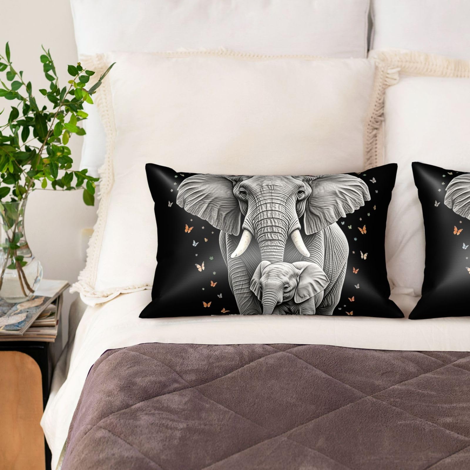 Cute Elephant Satin Pillowcase for Hair and Skin Set of 2,Ultra Smooth Soft Breathable Cooling Pillow Cases Queen Size 20x30 Inch Bed Pillowcovers with Hidden Zipper Cushion Case Gifts for Women Men
