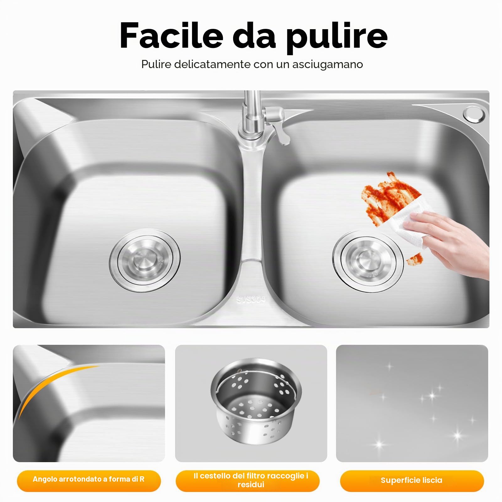 Lavandino da cucina indipendente 2 ciotole doppio lavello da cucina in acciaio inox con rubinetto, supporto e dispositivo di scarico, per esterni, interni, cucina, ristorante