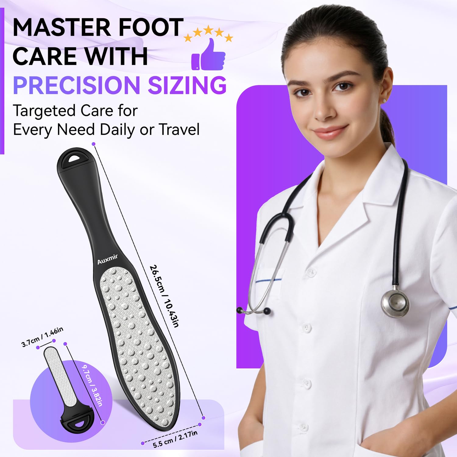 Auxmir Lima Pies Durezas Profesional, Escofina Pies Manual, Pedicura Pies 3 en 1 Dobre Cara, para Eliminar Callos Duros Piel Muerta, Acero Inoxidable, 1 pack