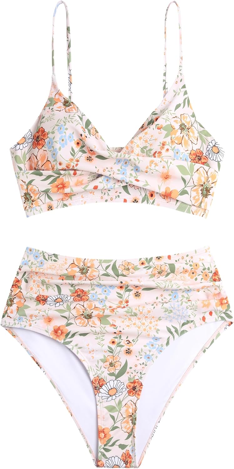 ZAFUL Women High Waisted Bikini Sets Two Piece Swimsuit Push Up Twist Front Ruched Bathing Suit