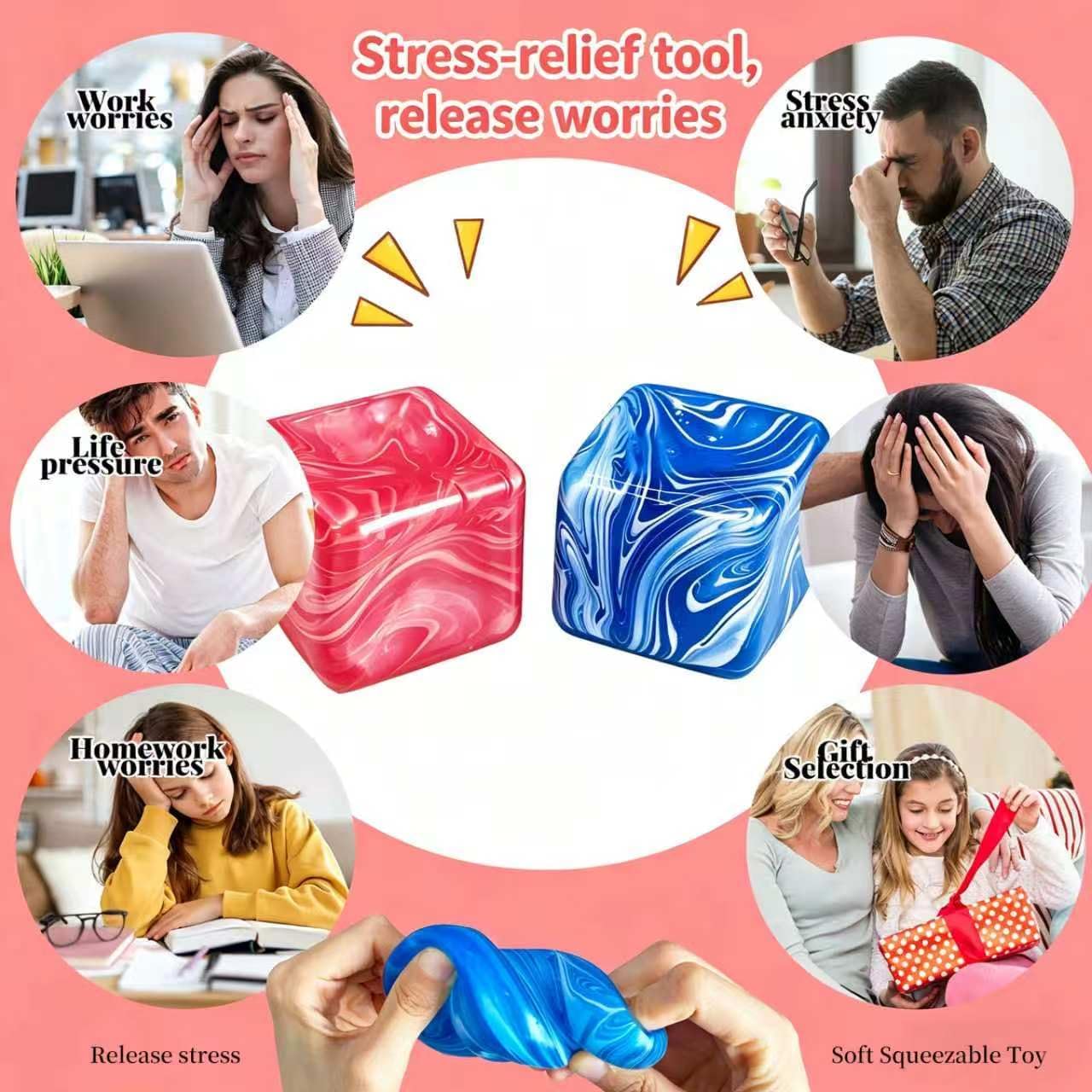 2 Pack (2.2 Inch) Slow Rise Fidget Toys,Squishies Ice Cube Shape, Sensory Toy for Kids, Stress Relief Squeeze Balls, Easter Basket Stuffers for Boys Girl(Blue+Pink)