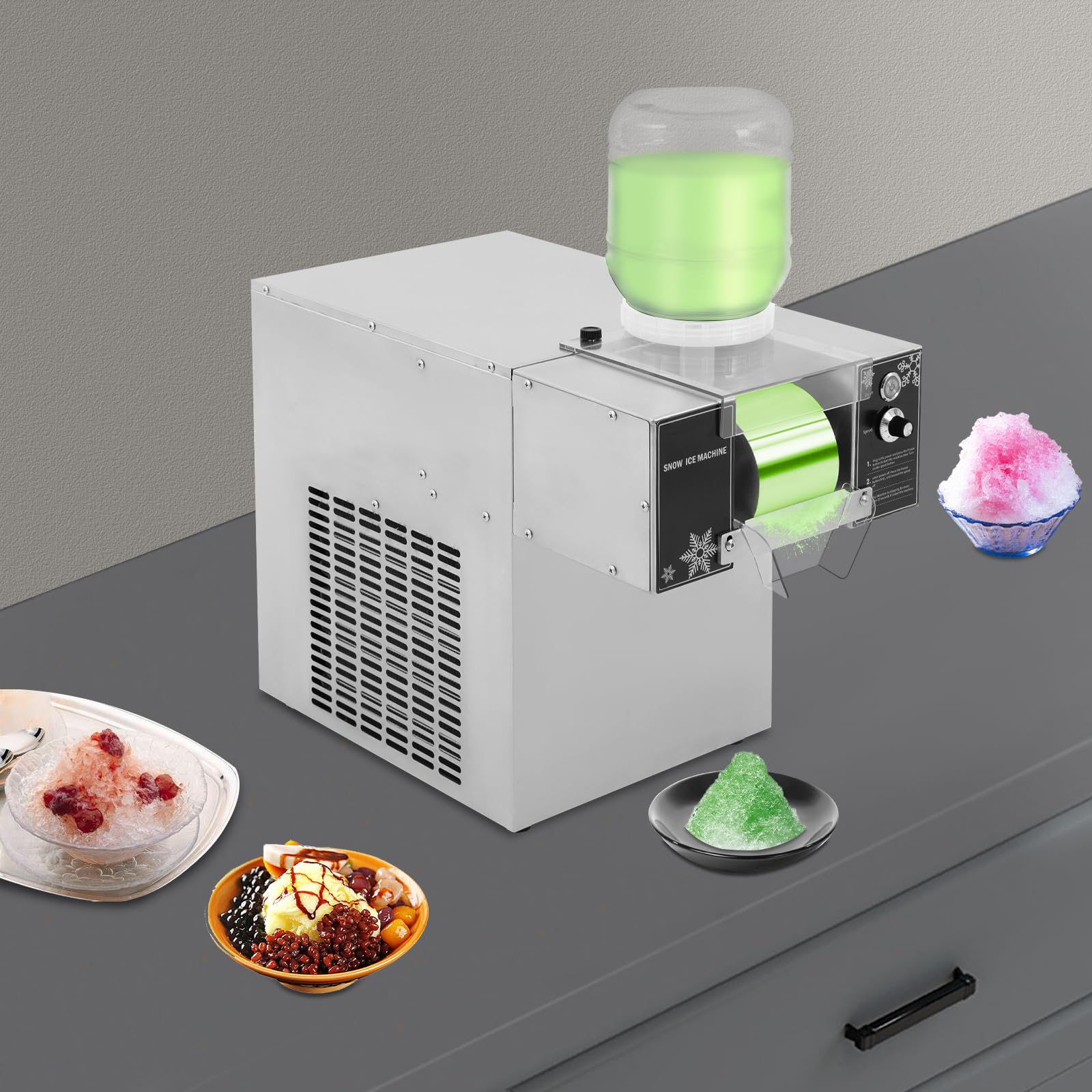 Professionelle Schneeflockeneismaschine 120kg/Tag 304 Edelstahl 8 Geschwindigkeiten Luftkühlung Doppelbehälter 5L x2 220V