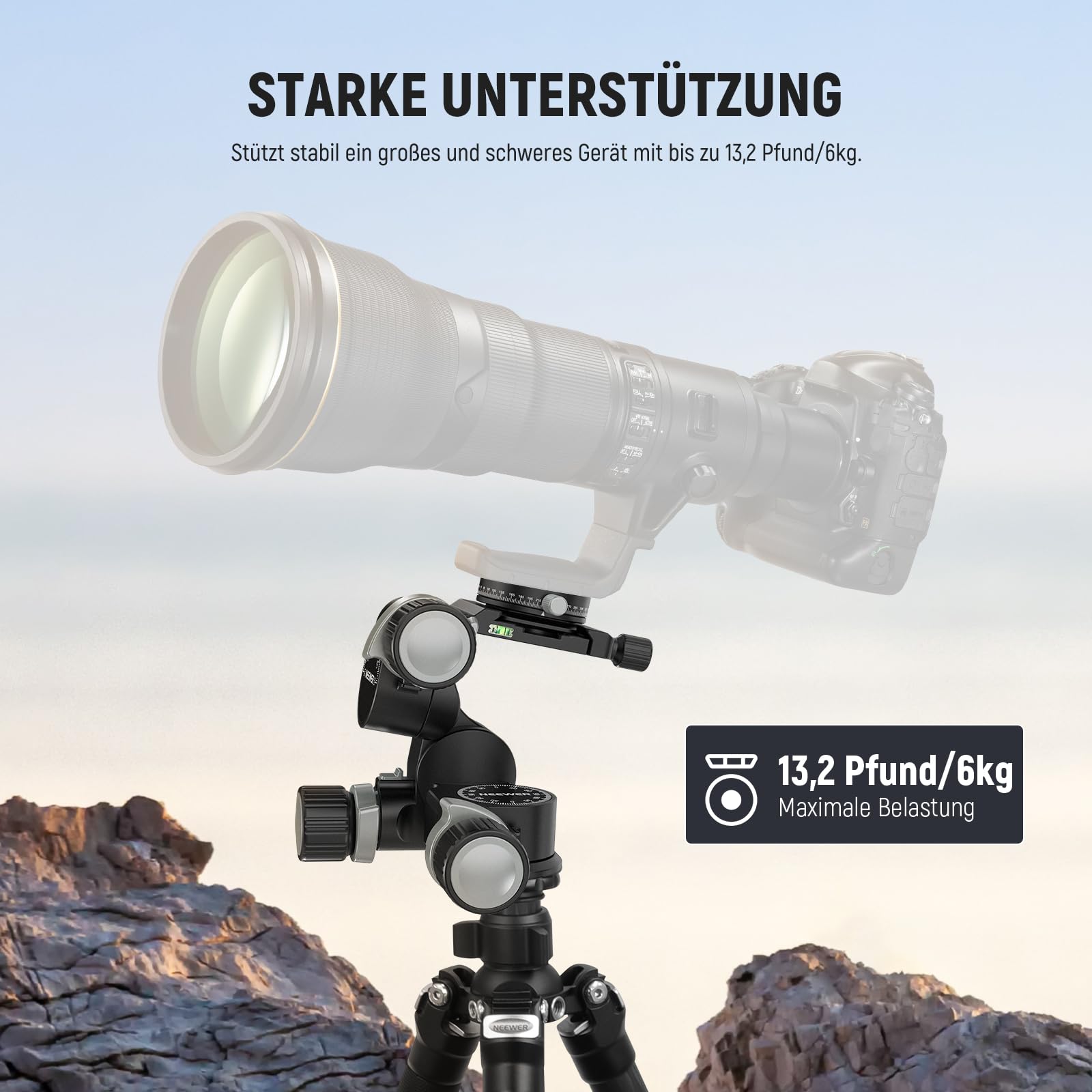 Neewer 3 Wege Neiger Stativkopf mit 360° Schwenk Arca QR Platte – Bild 6