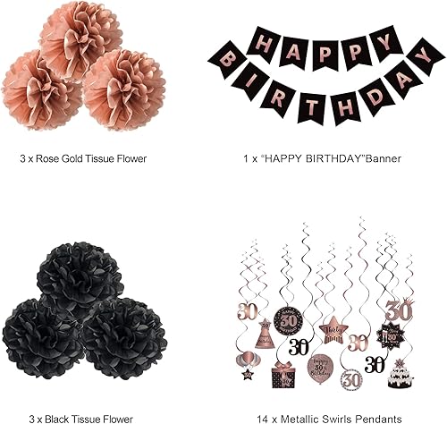 Miniatura 2 de BRT Bearingshui Juego de decoración de serpentinas colgantes de feliz cumpleaños 30, pancarta con pompones de seda, oro rosa y negro, decoración de