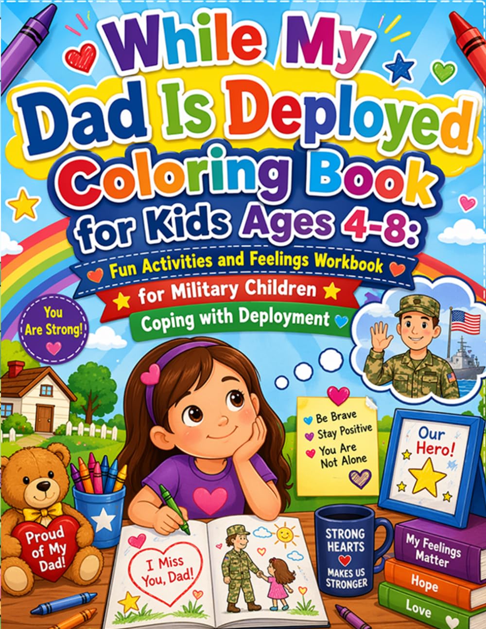 While My Dad Is Deployed Coloring Book for Kids Ages 4-8: Fun Activities and Feelings Workbook for Military Children Coping with Deployment