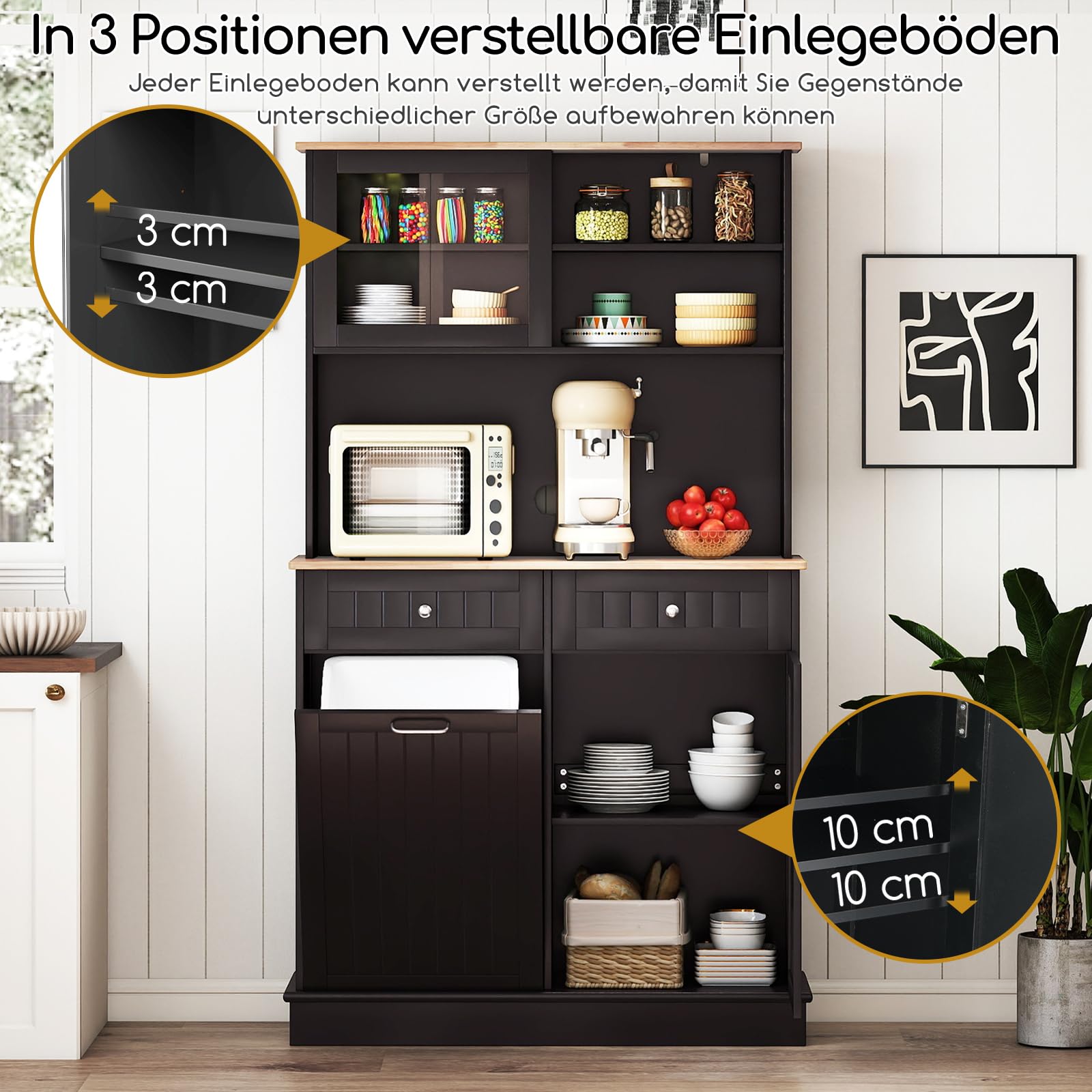 COSTWAY Küchenschrank, für 45 L Mülleimer, Buffetschrank mit Arbeitsplatte & 2 Schubladen & verstellbaren Einlegeböden, Hochschrank Küche für Mikrowelle, Kommode Holz, 100 x 34 x 172 cm (Schwarz)