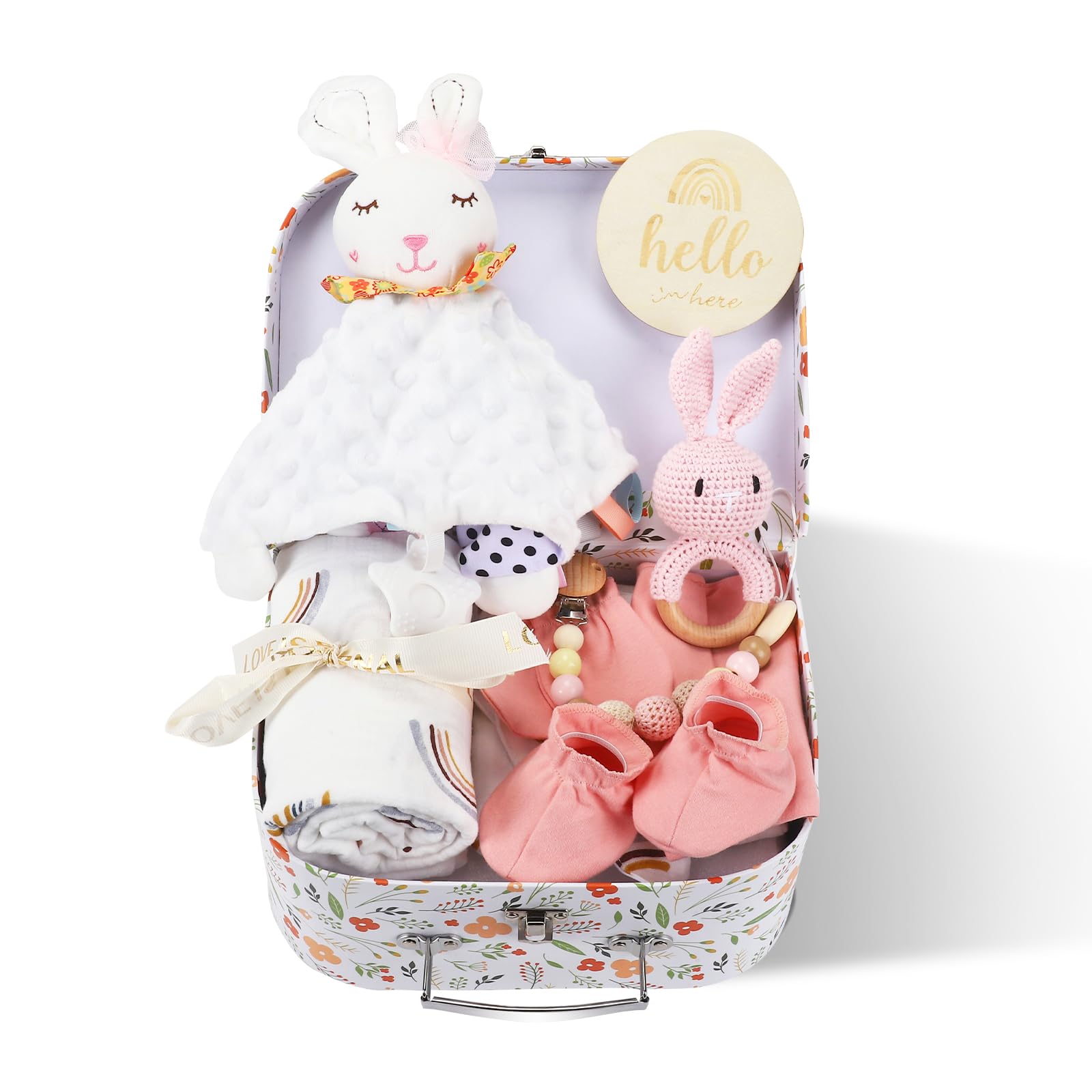 Windeltorte Baby Geschenkset 10-teilig - Neugeborenen Set mit Häschen Plüschtier & Handgewebter Rassel - Komplettes Geburtsgeschenk in Geschenkbox für Jungen Mädchen
