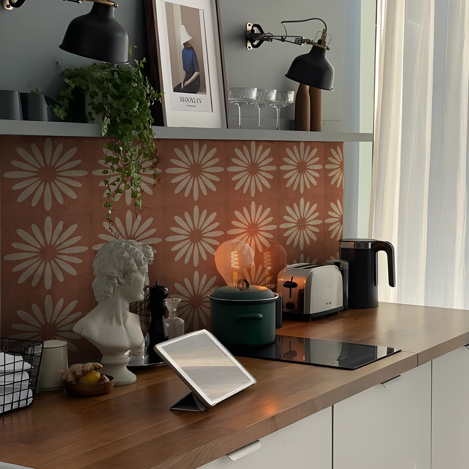 Adhesivos para Azulejos, Color Rojo ladrillo y Beige, para Cocina. Adhesivos autoadhesivos para Suelo, baño, Pared, duraderos, Impermeables, Resistentes al Aceite, escaleras, remov